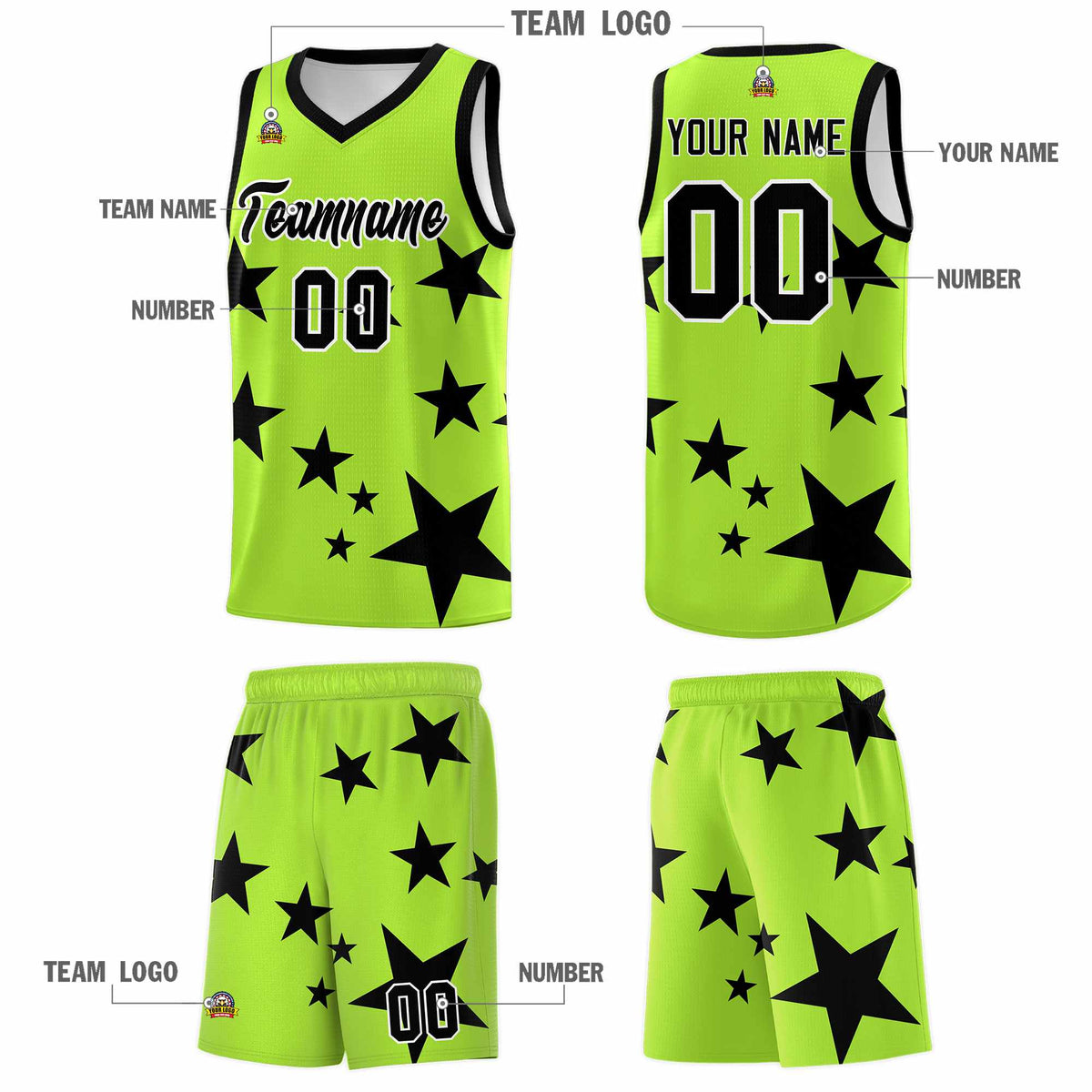 Custom Light Green Black Graffiti Pattern Star Print Basketball Jersey Sets
