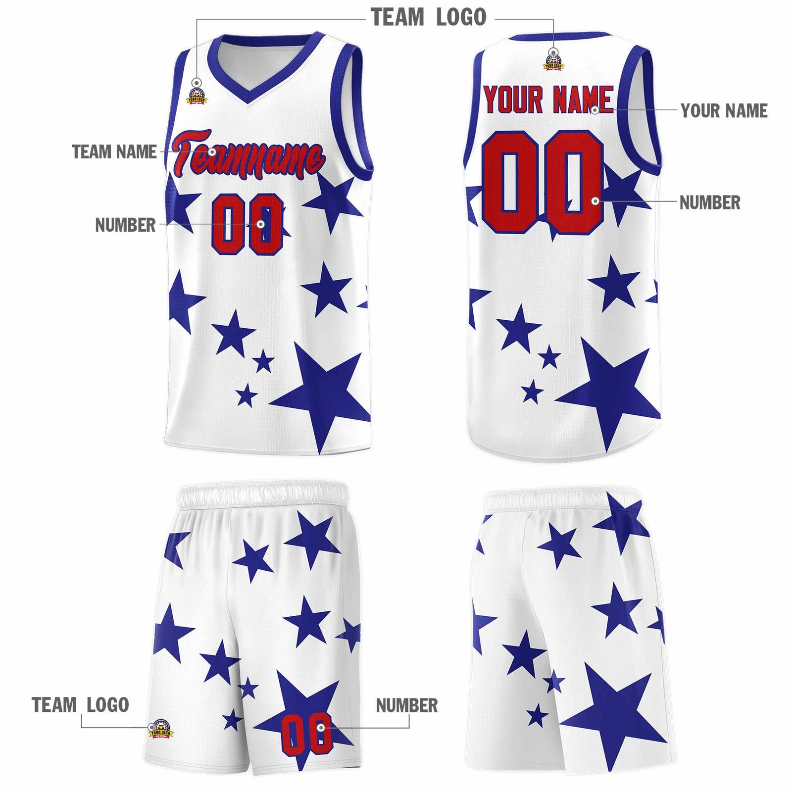 Custom White Royal Graffiti Pattern Star Print Basketball Jersey Sets