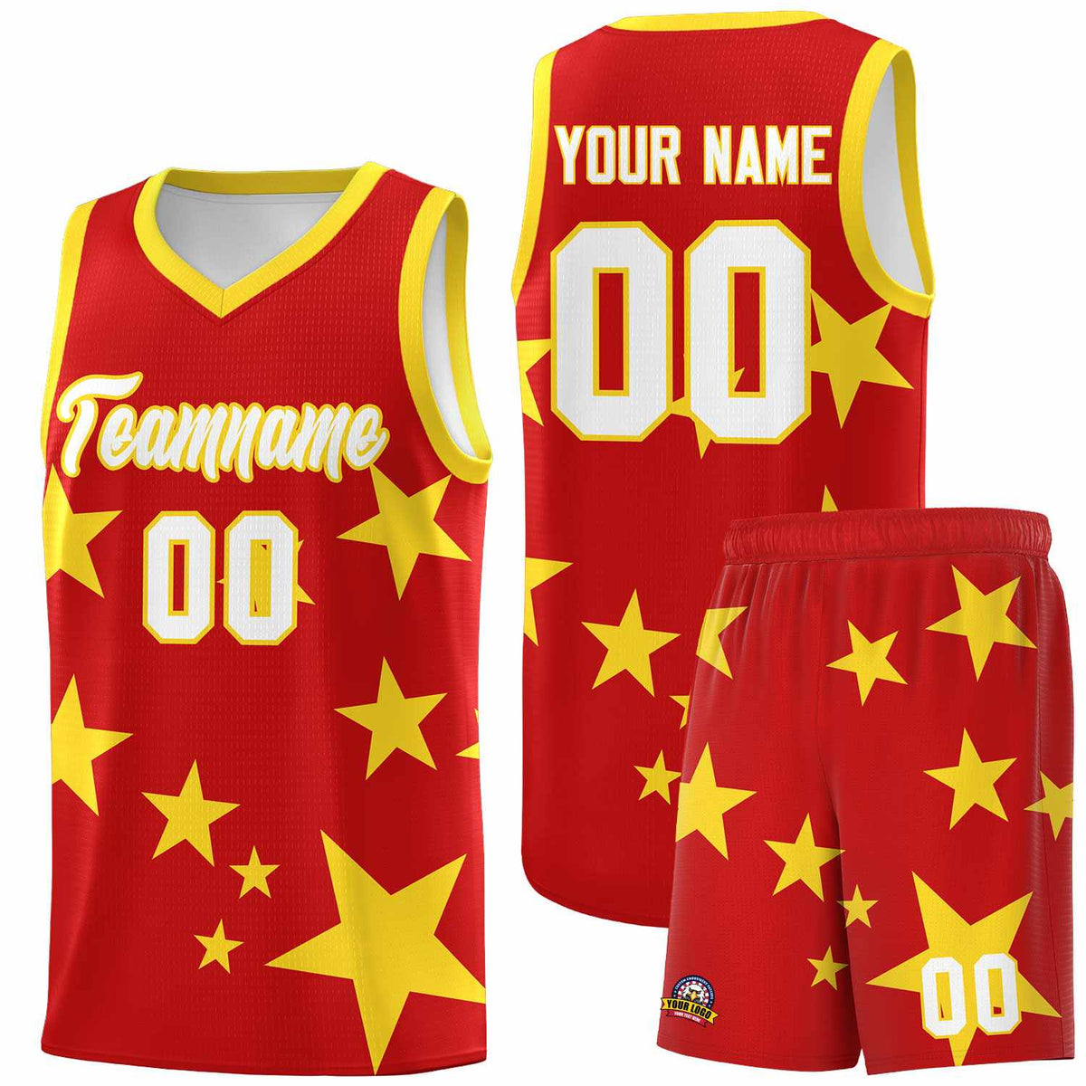 Custom Red Gold Graffiti Pattern Star Print Basketball Jersey Sets