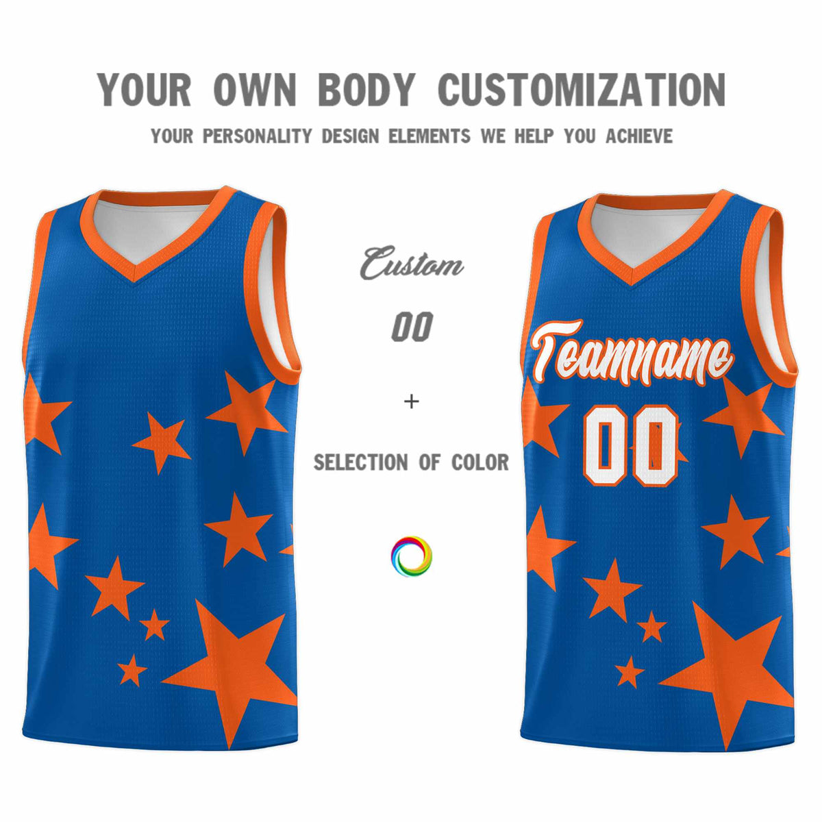 Custom Royal Orange Graffiti Pattern Star Print Basketball Jersey Sets