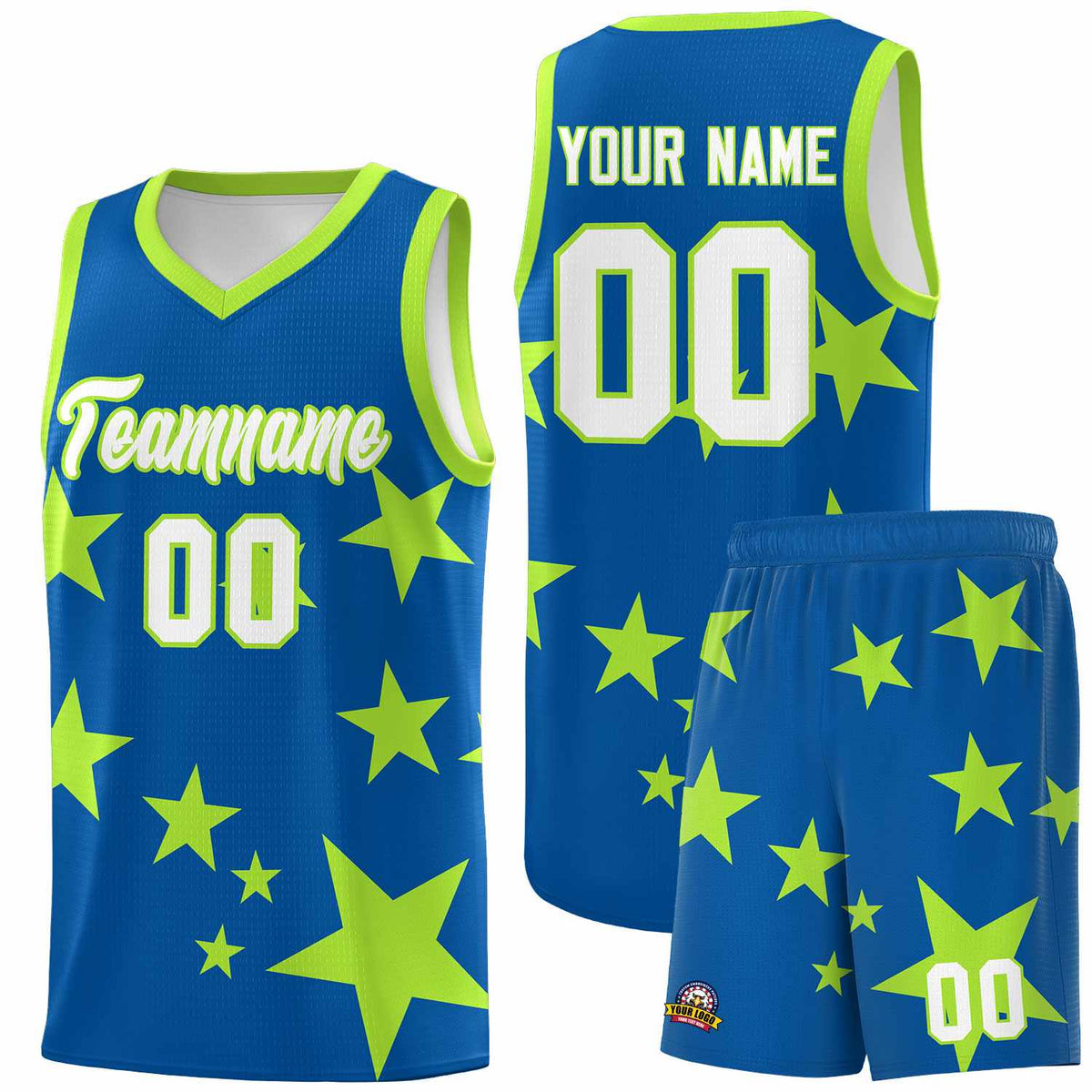 Custom Royal Light Green Graffiti Pattern Star Print Basketball Jersey Sets