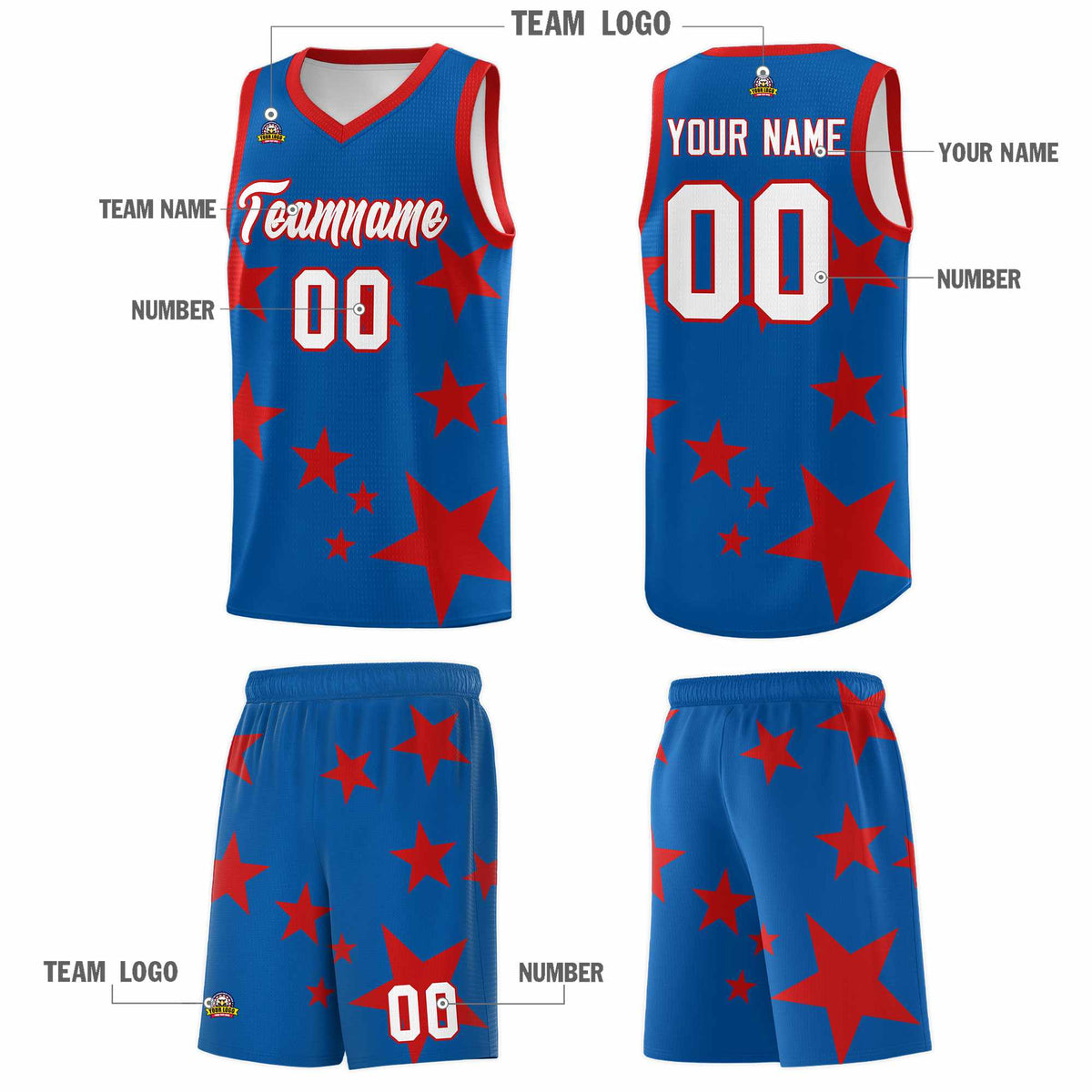 Custom Royal Red Graffiti Pattern Star Print Basketball Jersey Sets