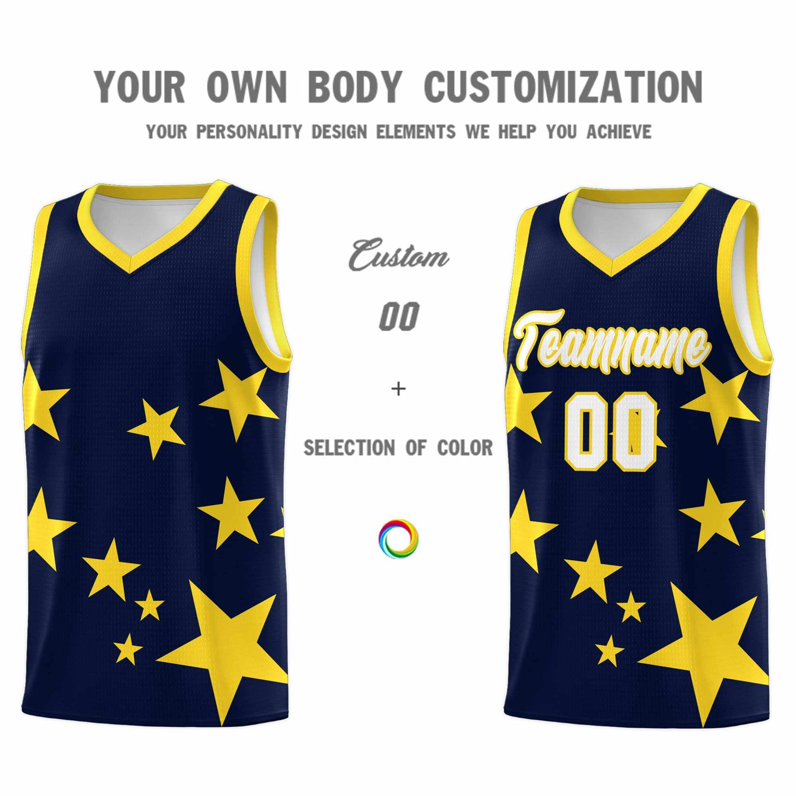 Custom Navy Gold Graffiti Pattern Star Print Basketball Jersey Sets