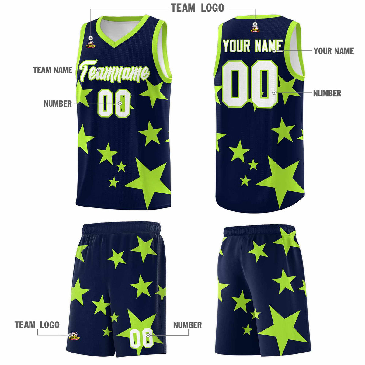 Custom Navy Light Green Graffiti Pattern Star Print Basketball Jersey Sets