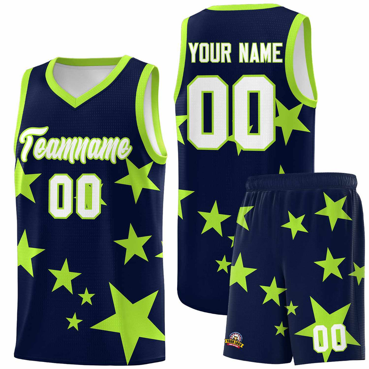 Custom Navy Light Green Graffiti Pattern Star Print Basketball Jersey Sets