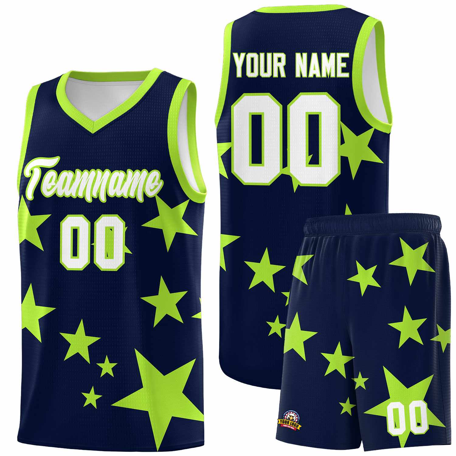 Custom Navy Light Green Graffiti Pattern Star Print Basketball Jersey Sets