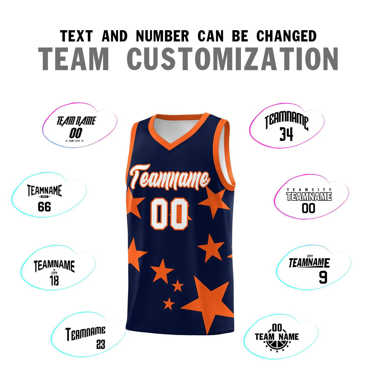 Custom Navy Orange Graffiti Pattern Star Print Basketball Jersey Sets
