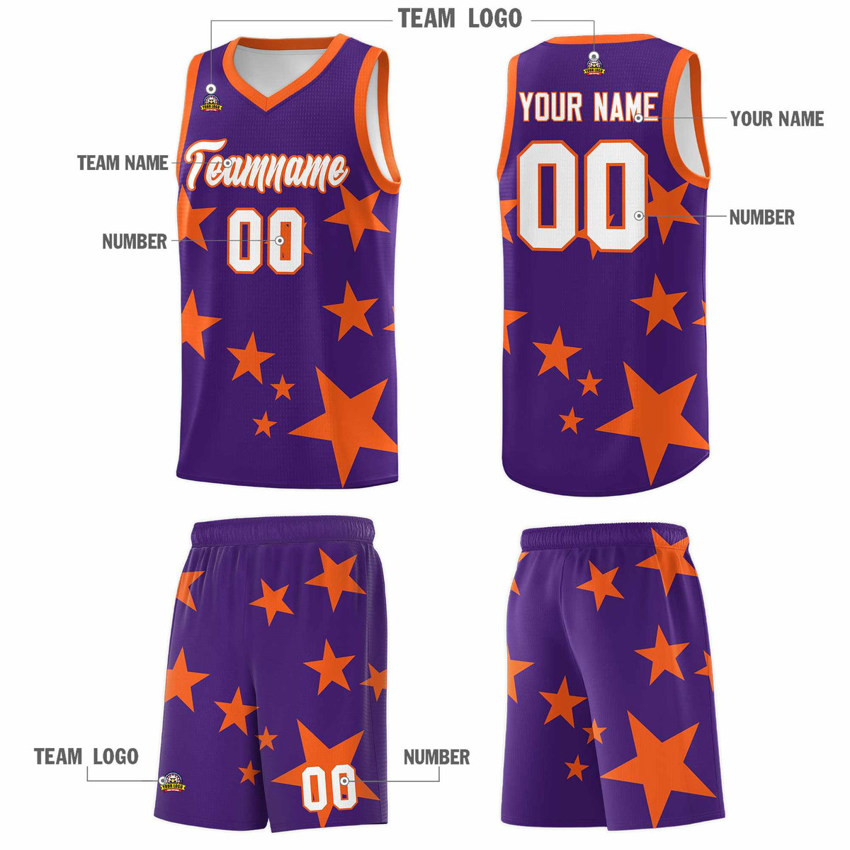 Custom Purple Orange Graffiti Pattern Star Print Basketball Jersey Sets