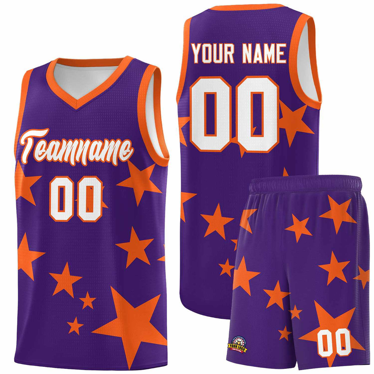 Custom Purple Orange Graffiti Pattern Star Print Basketball Jersey Sets