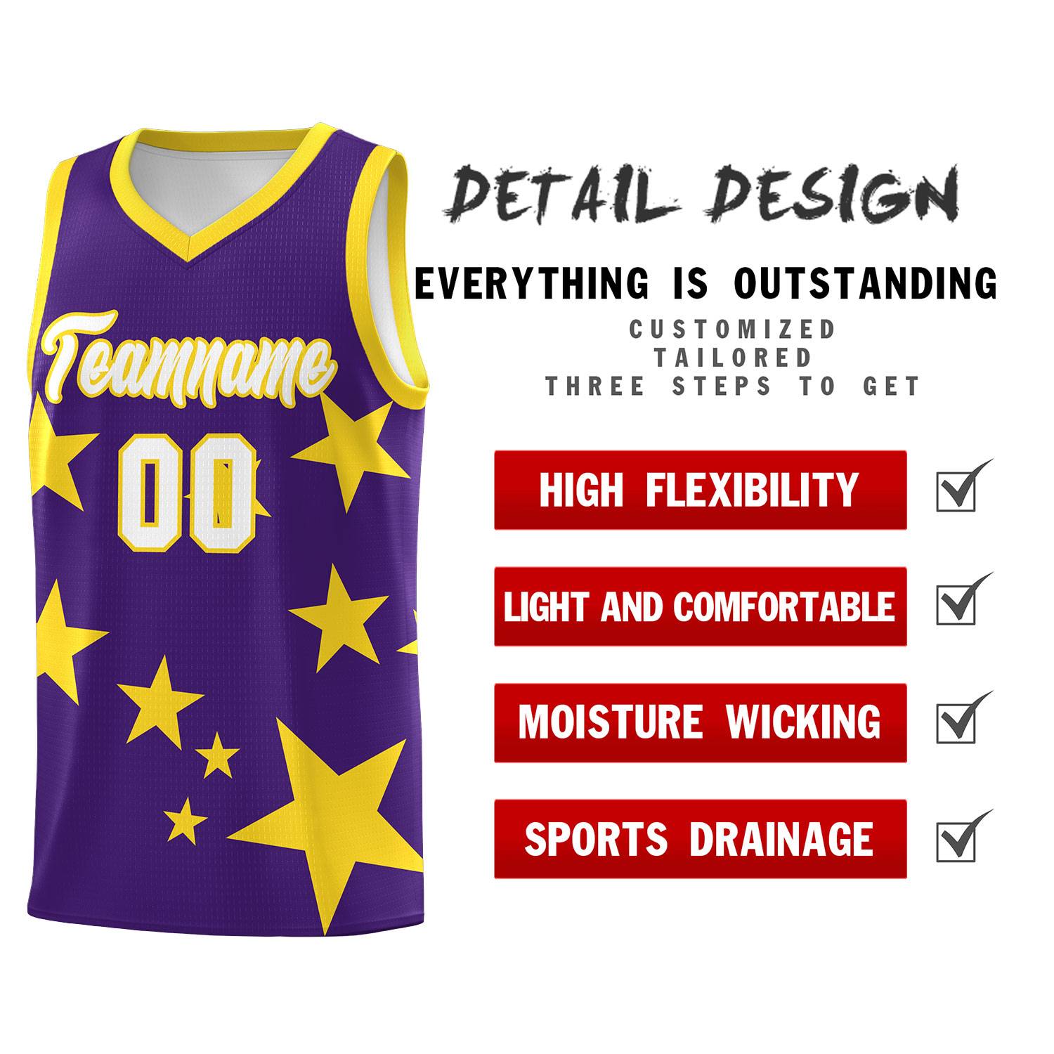 Custom Purple Gold Graffiti Pattern Star Print Basketball Jersey Sets