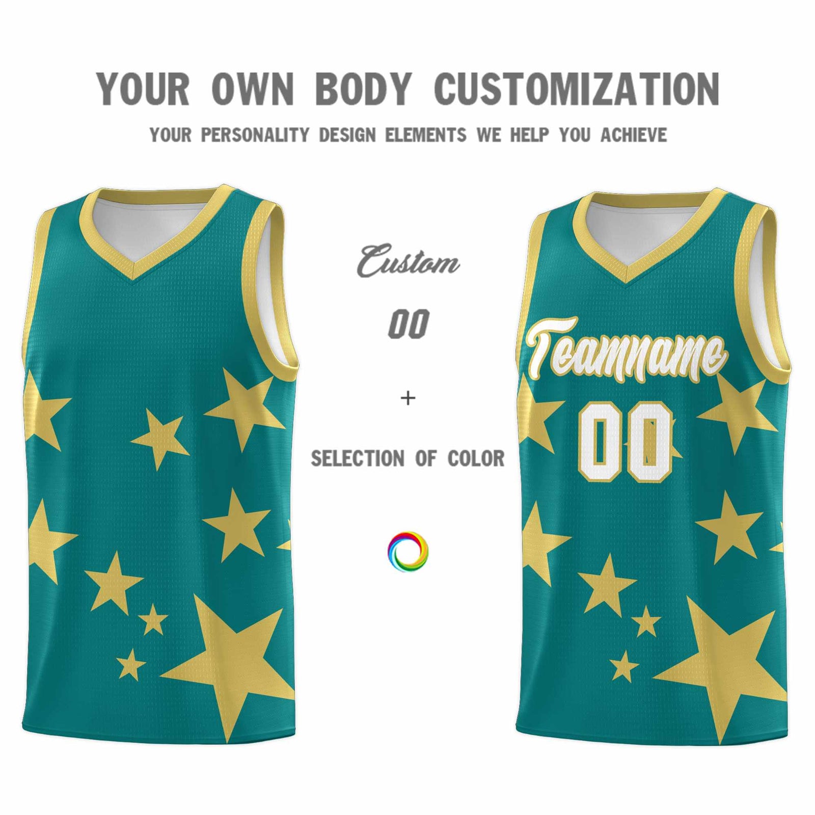Custom Aqua Old Gold Graffiti Pattern Star Print Basketball Jersey Sets
