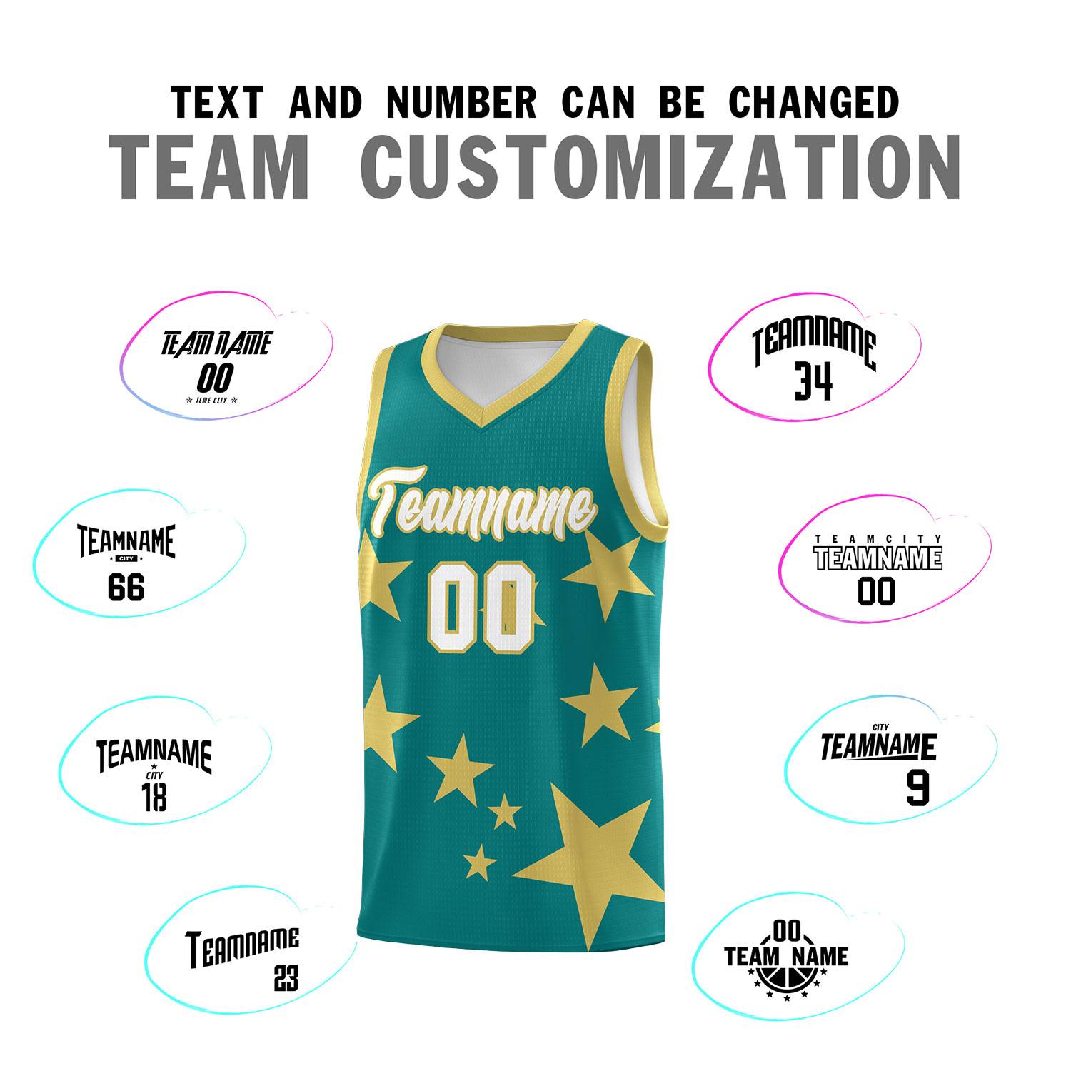 Custom Aqua Old Gold Graffiti Pattern Star Print Basketball Jersey Sets