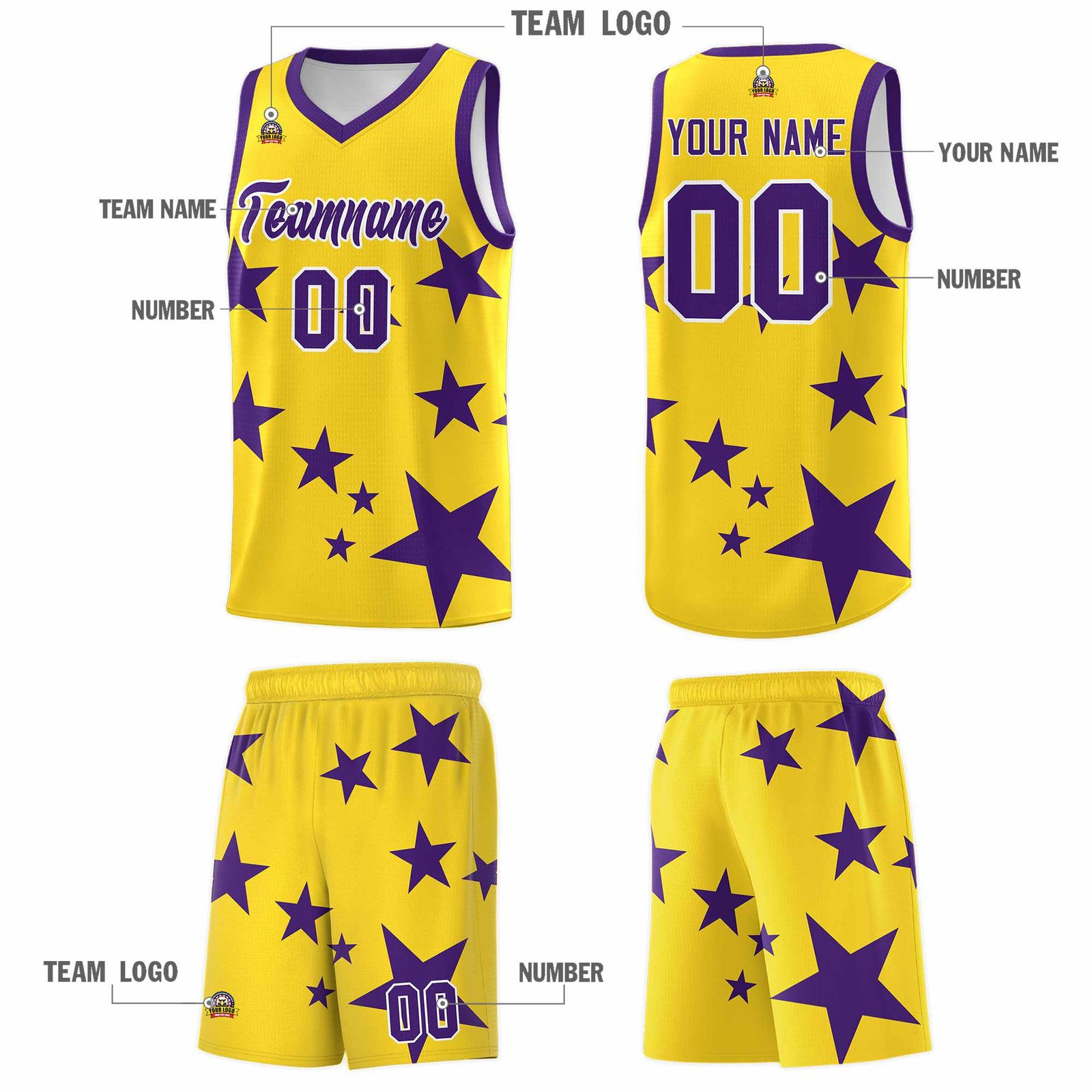 Custom Gold Purple Graffiti Pattern Star Print Basketball Jersey Sets