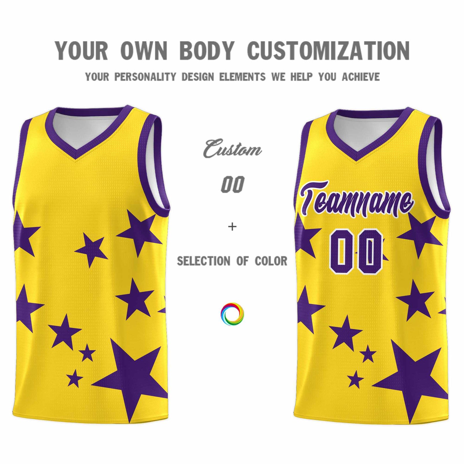 Custom Gold Purple Graffiti Pattern Star Print Basketball Jersey Sets
