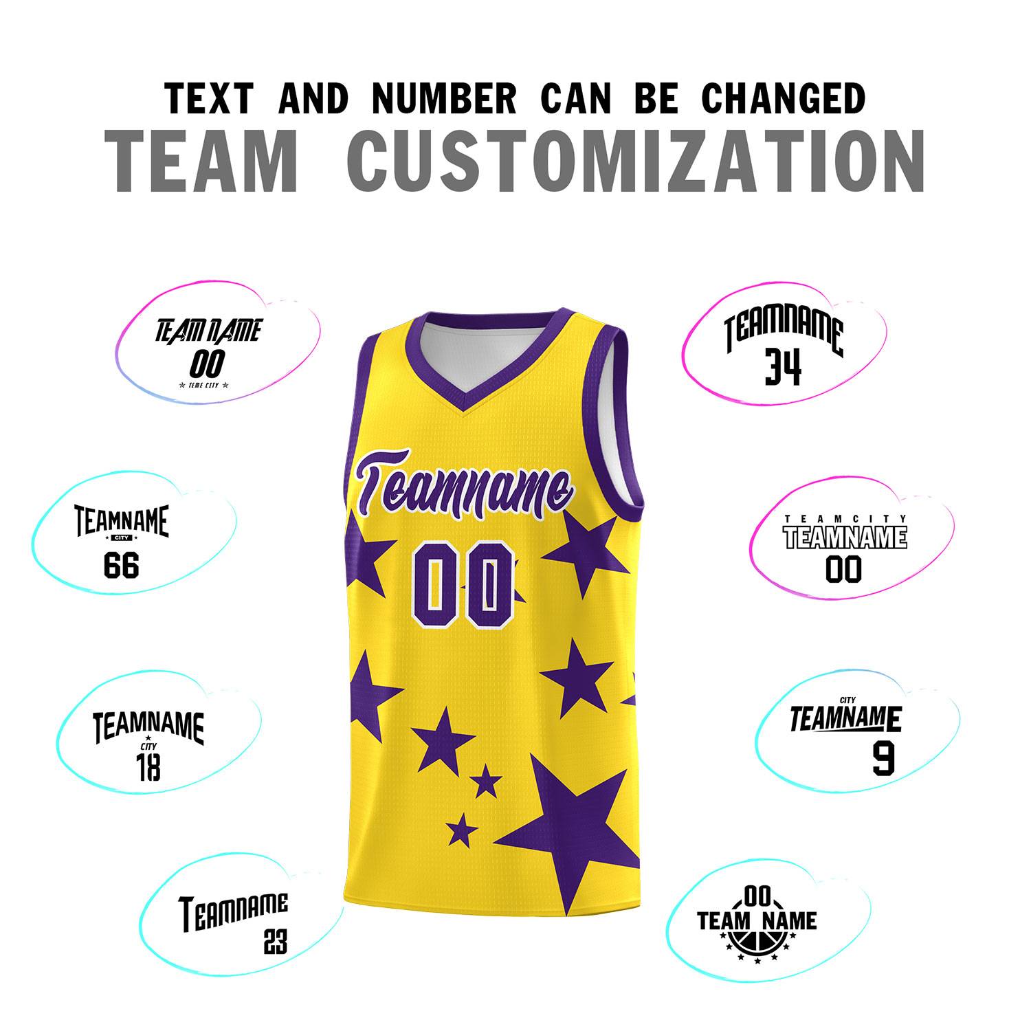 Custom Gold Purple Graffiti Pattern Star Print Basketball Jersey Sets