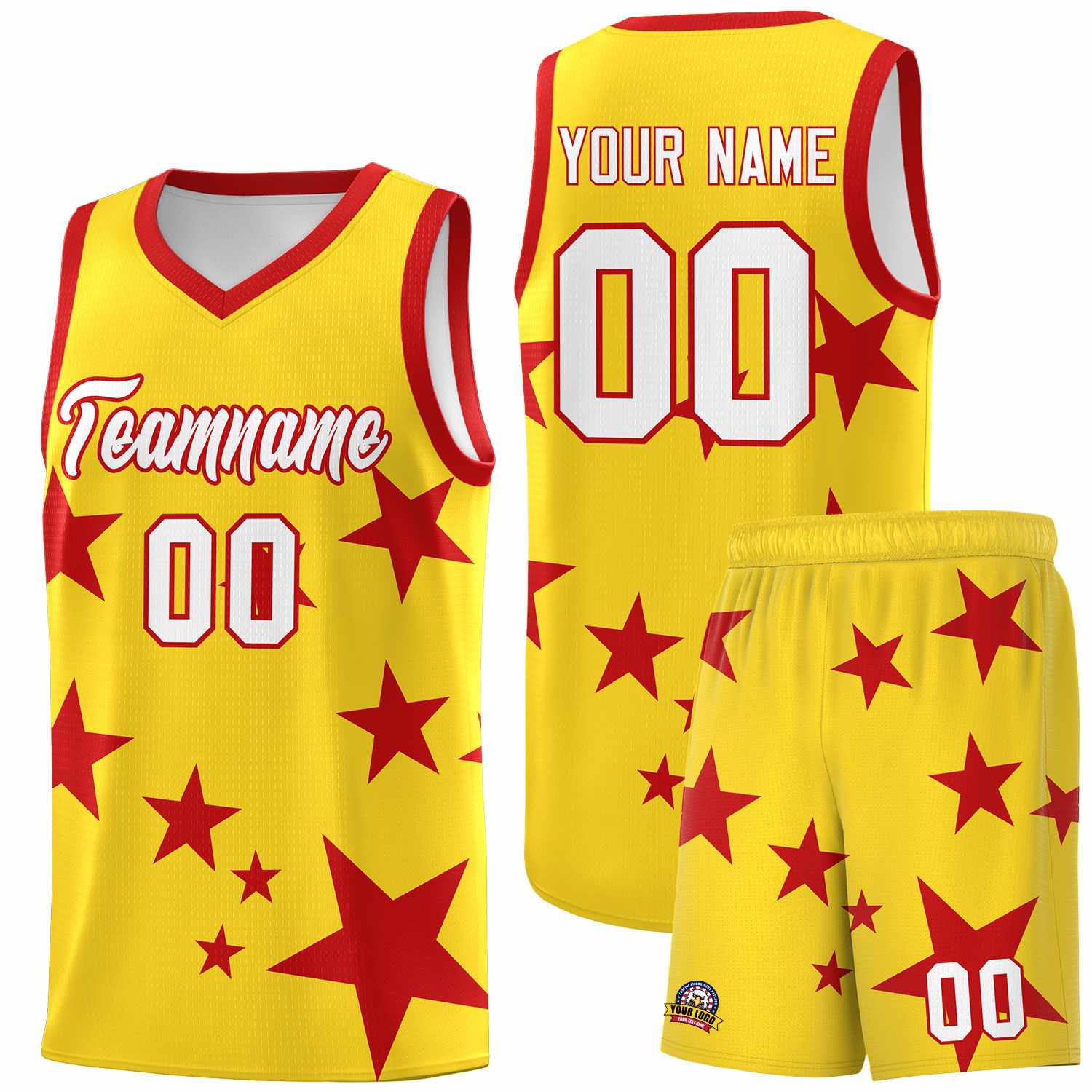 Custom Gold Red Graffiti Pattern Star Print Basketball Jersey Sets