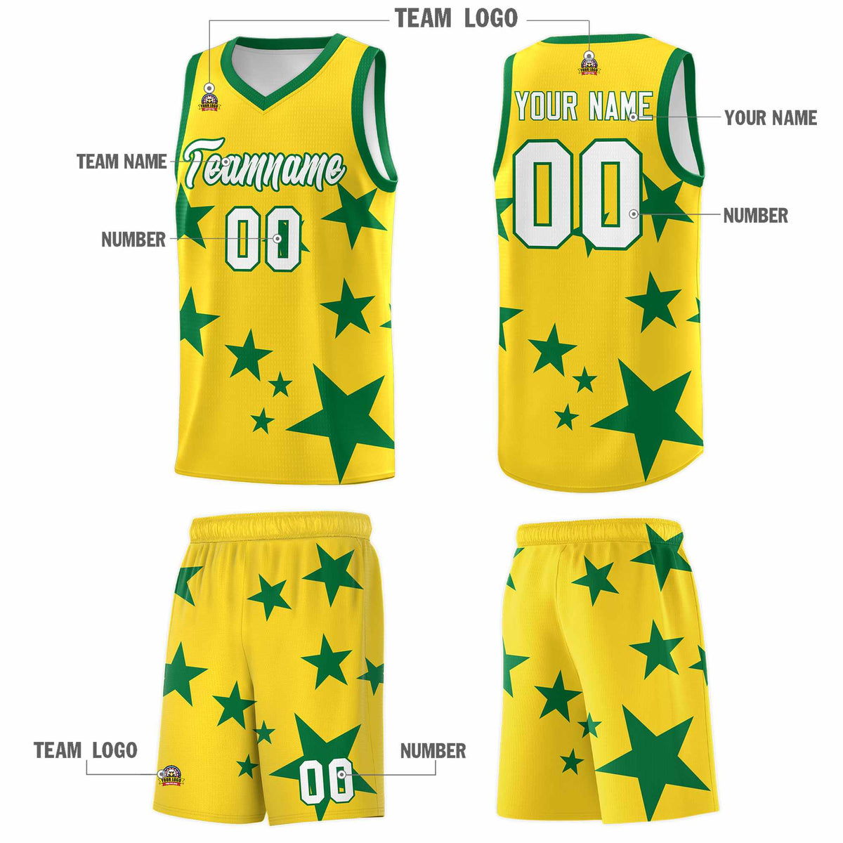 Custom Gold Kelly Green Graffiti Pattern Star Print Basketball Jersey Sets