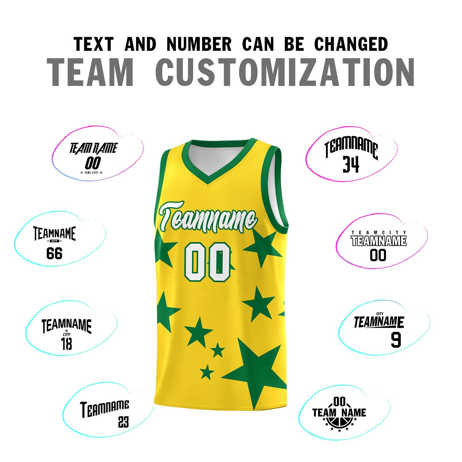 Custom Gold Kelly Green Graffiti Pattern Star Print Basketball Jersey Sets