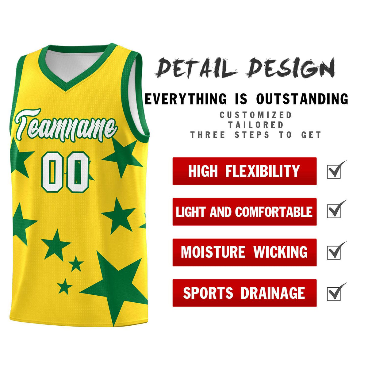 Custom Gold Kelly Green Graffiti Pattern Star Print Basketball Jersey Sets