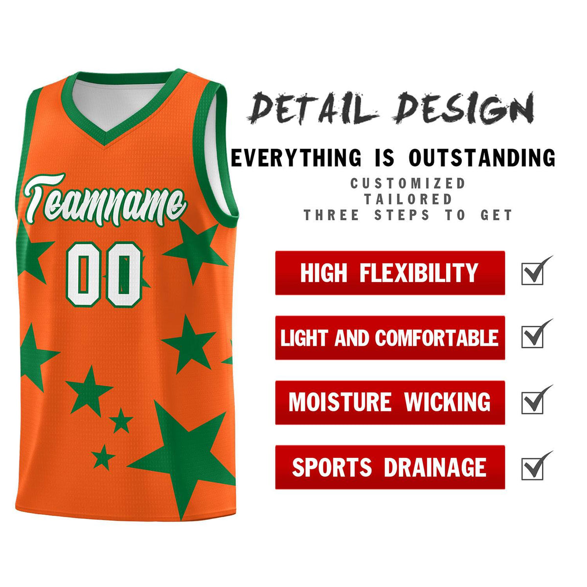 Custom Orange Kelly Green Graffiti Pattern Star Print Basketball Jersey Sets
