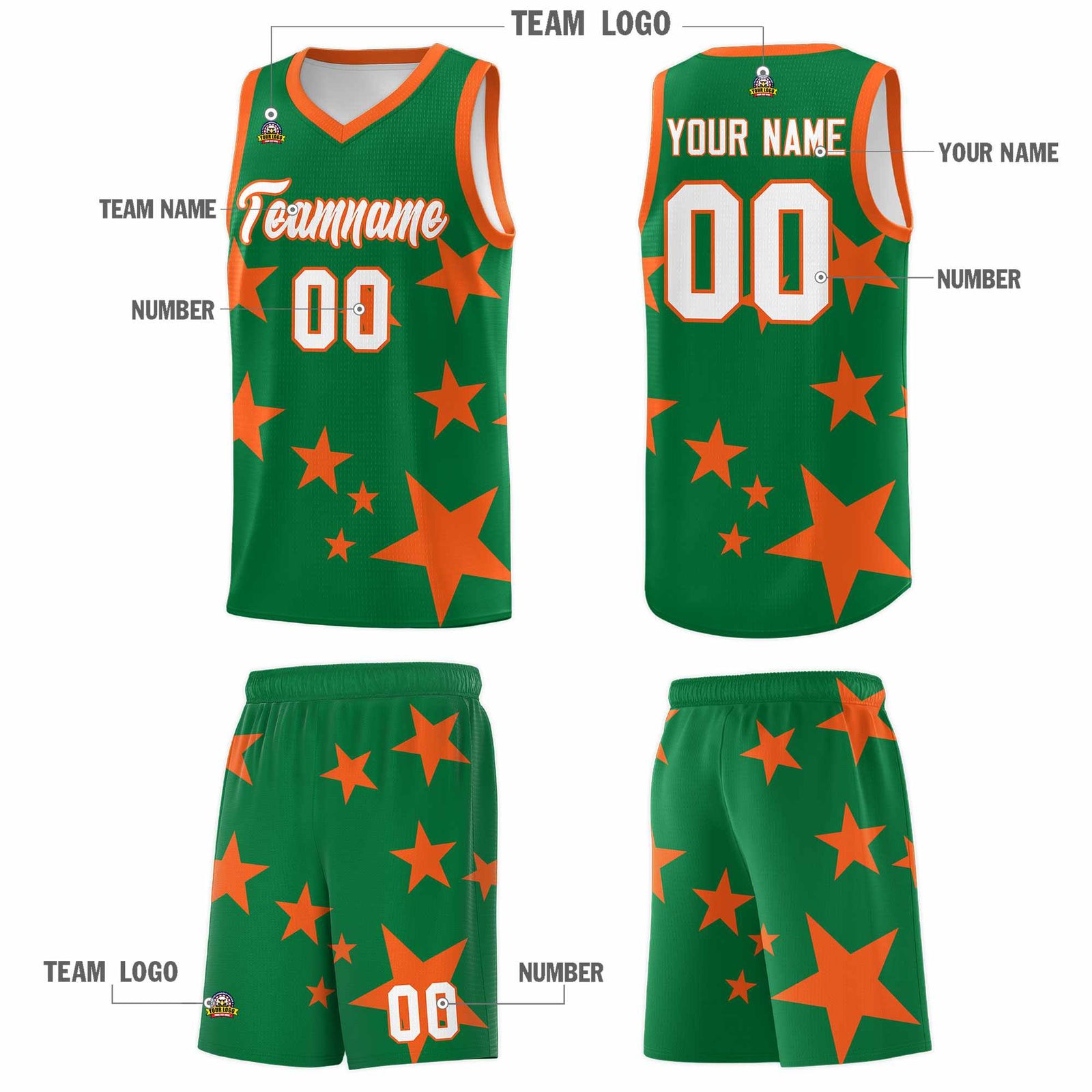 Custom Kelly Green Orange Graffiti Pattern Star Print Basketball Jersey Sets