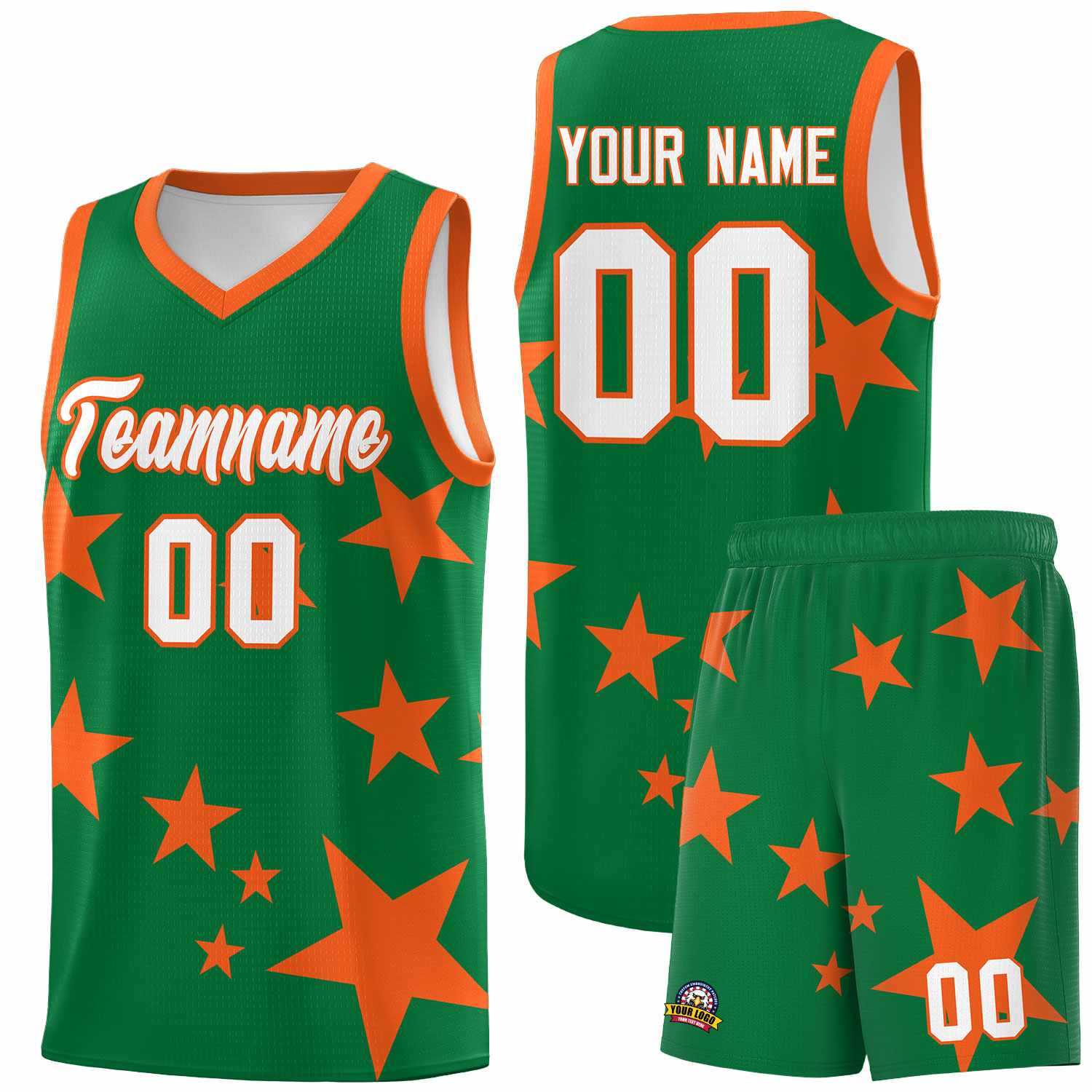 Custom Kelly Green Orange Graffiti Pattern Star Print Basketball Jersey Sets