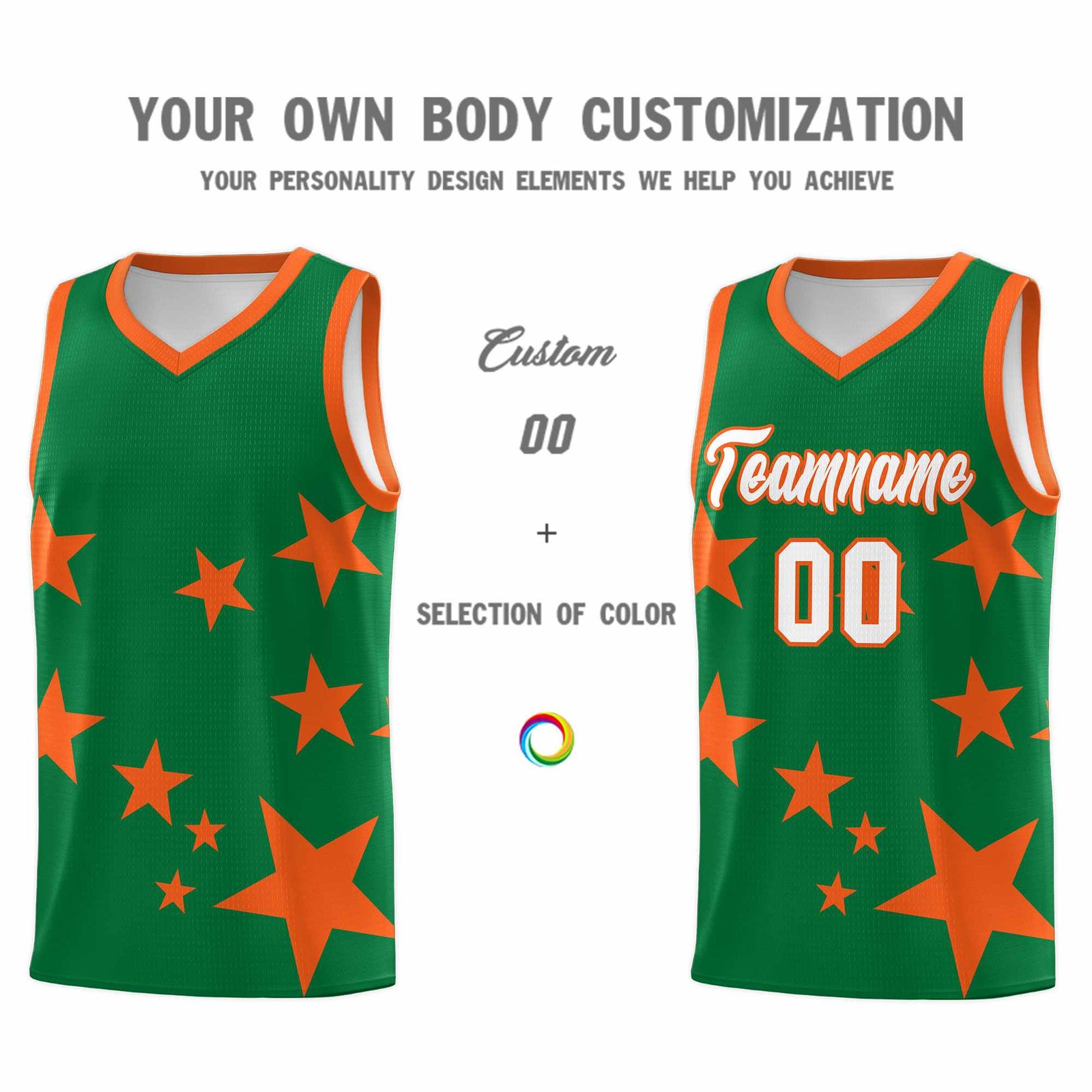Custom Kelly Green Orange Graffiti Pattern Star Print Basketball Jersey Sets