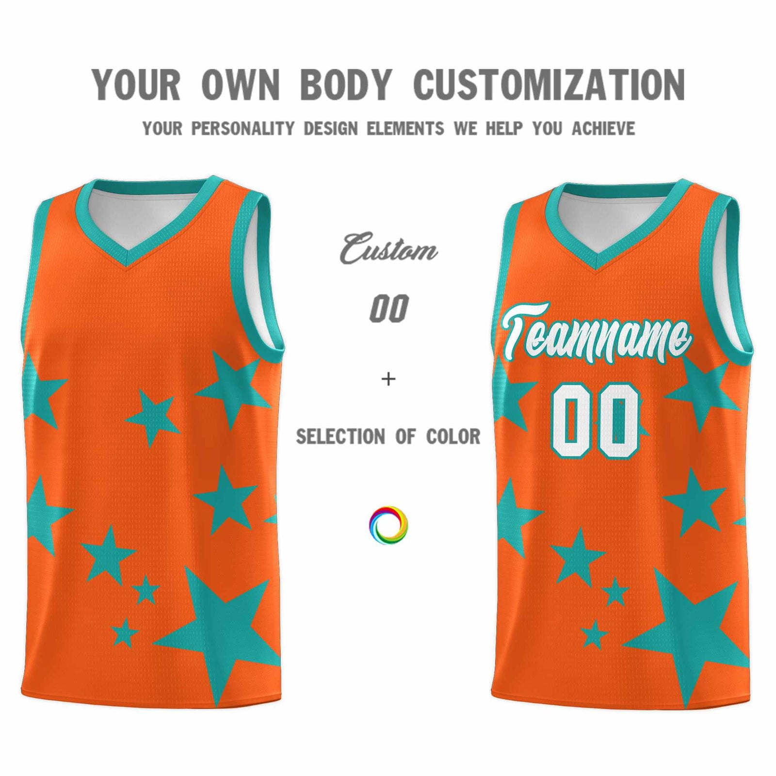 Custom Orange Aqua Graffiti Pattern Star Print Basketball Jersey Sets