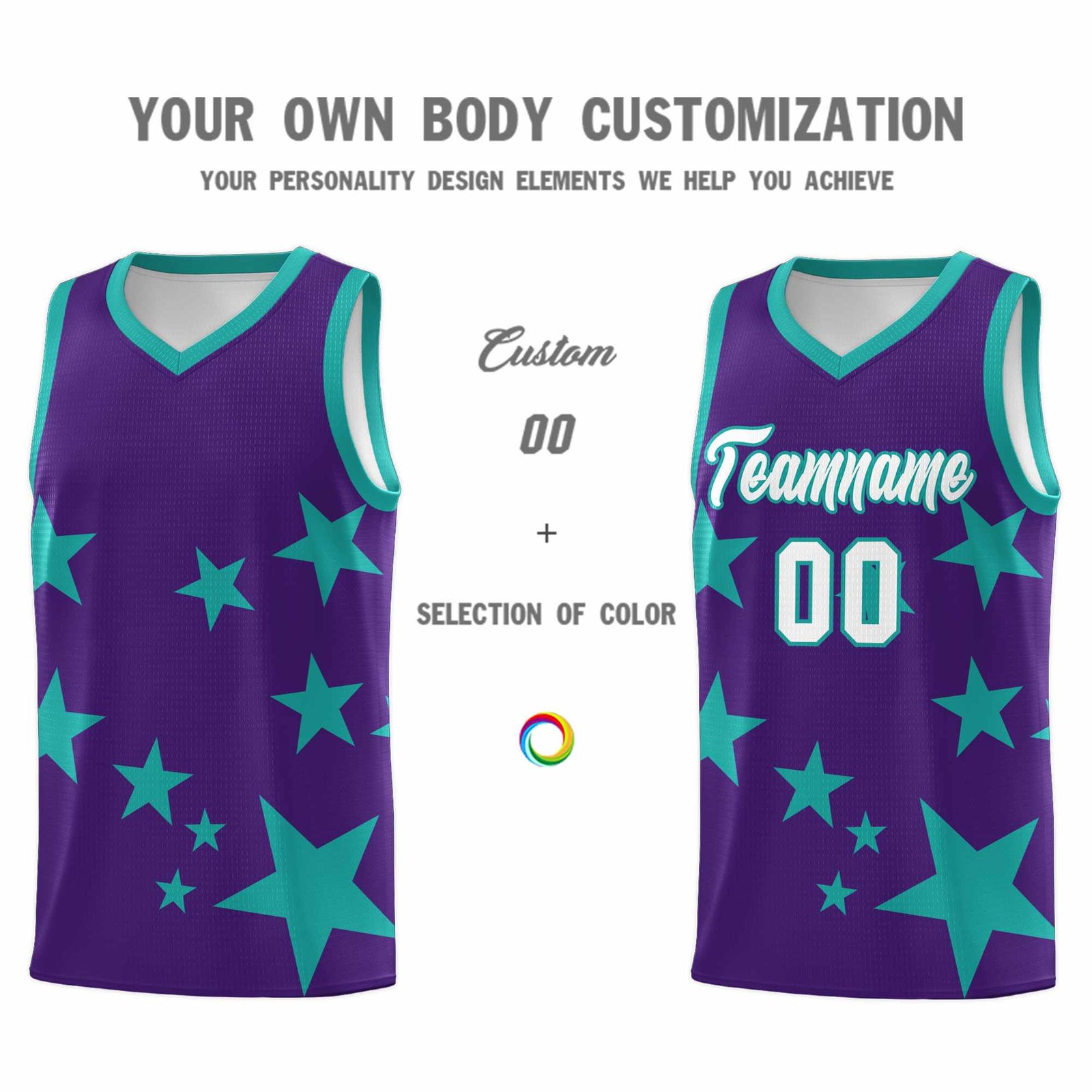 Custom Purple Aqua Graffiti Pattern Star Print Basketball Jersey Sets