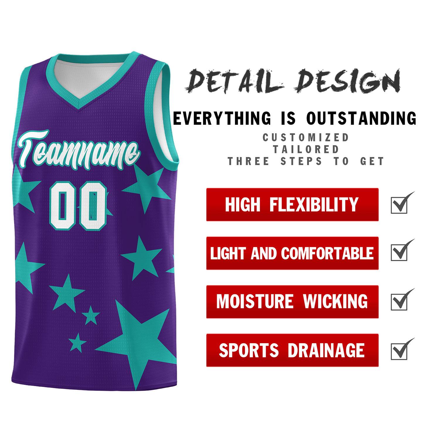 Custom Purple Aqua Graffiti Pattern Star Print Basketball Jersey Sets