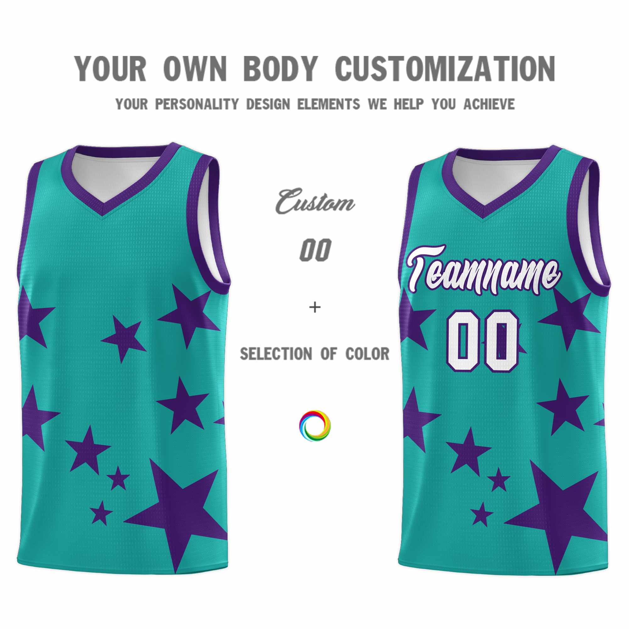 Custom Aqua Purple Graffiti Pattern Star Print Basketball Jersey Sets