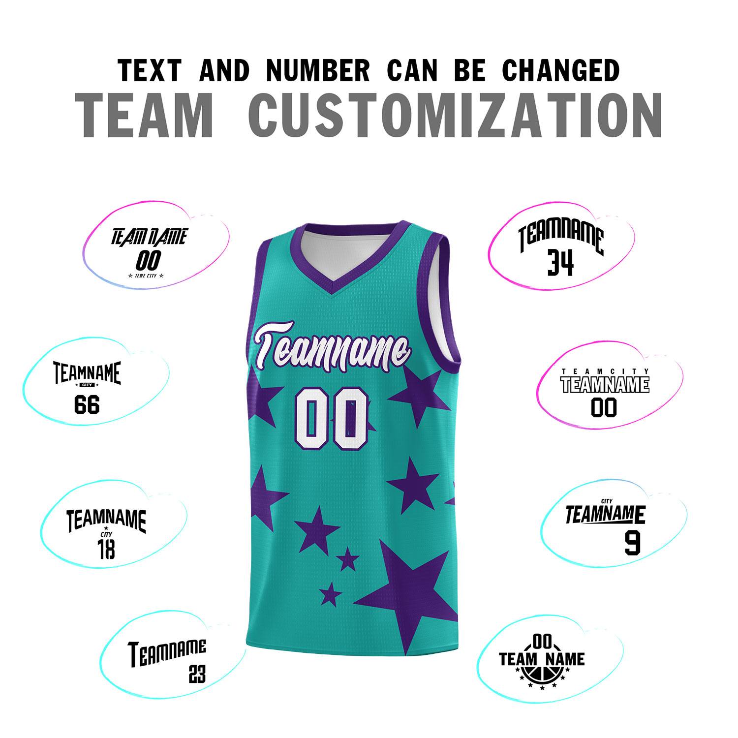 Custom Aqua Purple Graffiti Pattern Star Print Basketball Jersey Sets