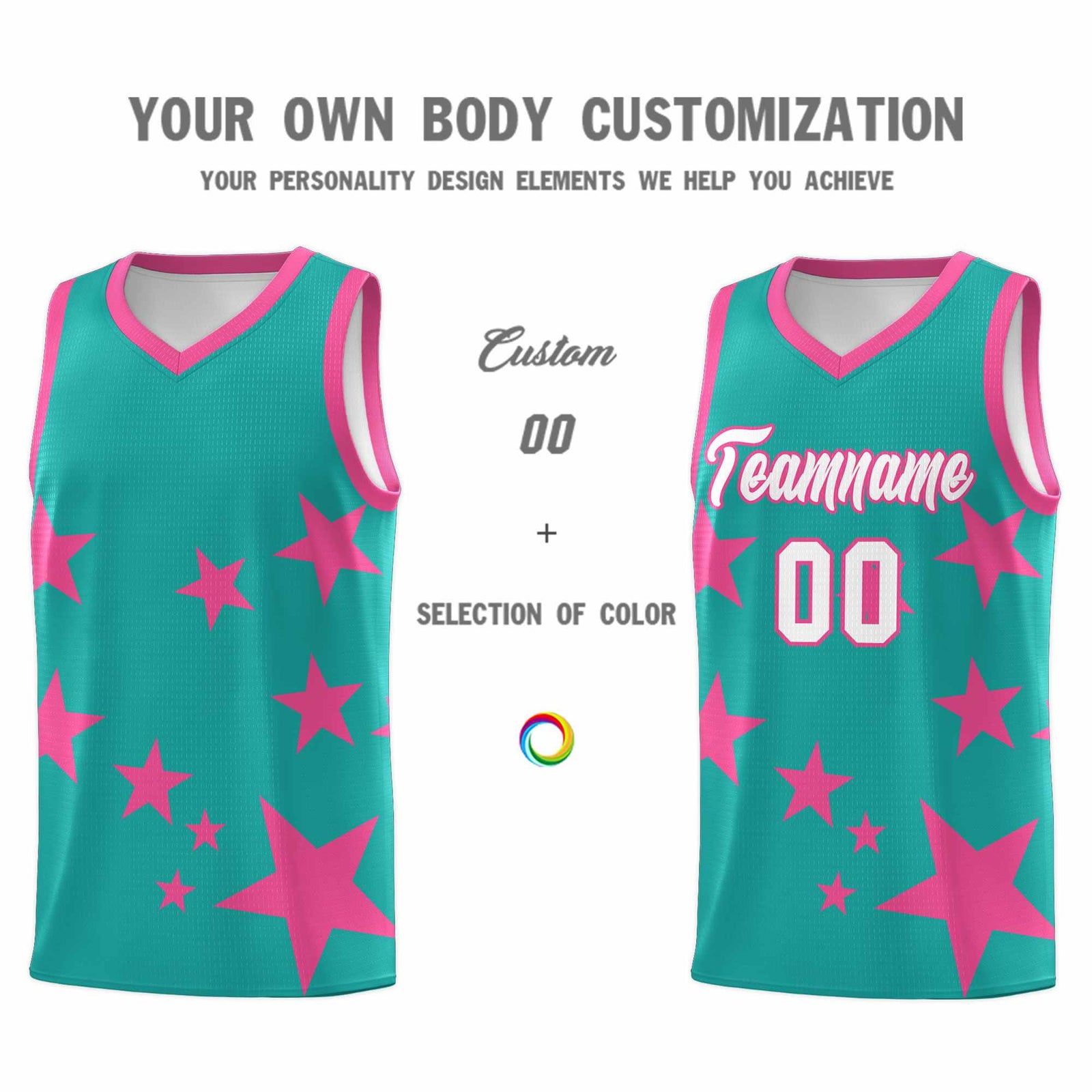 Custom Aqua Pink Graffiti Pattern Star Print Basketball Jersey Sets