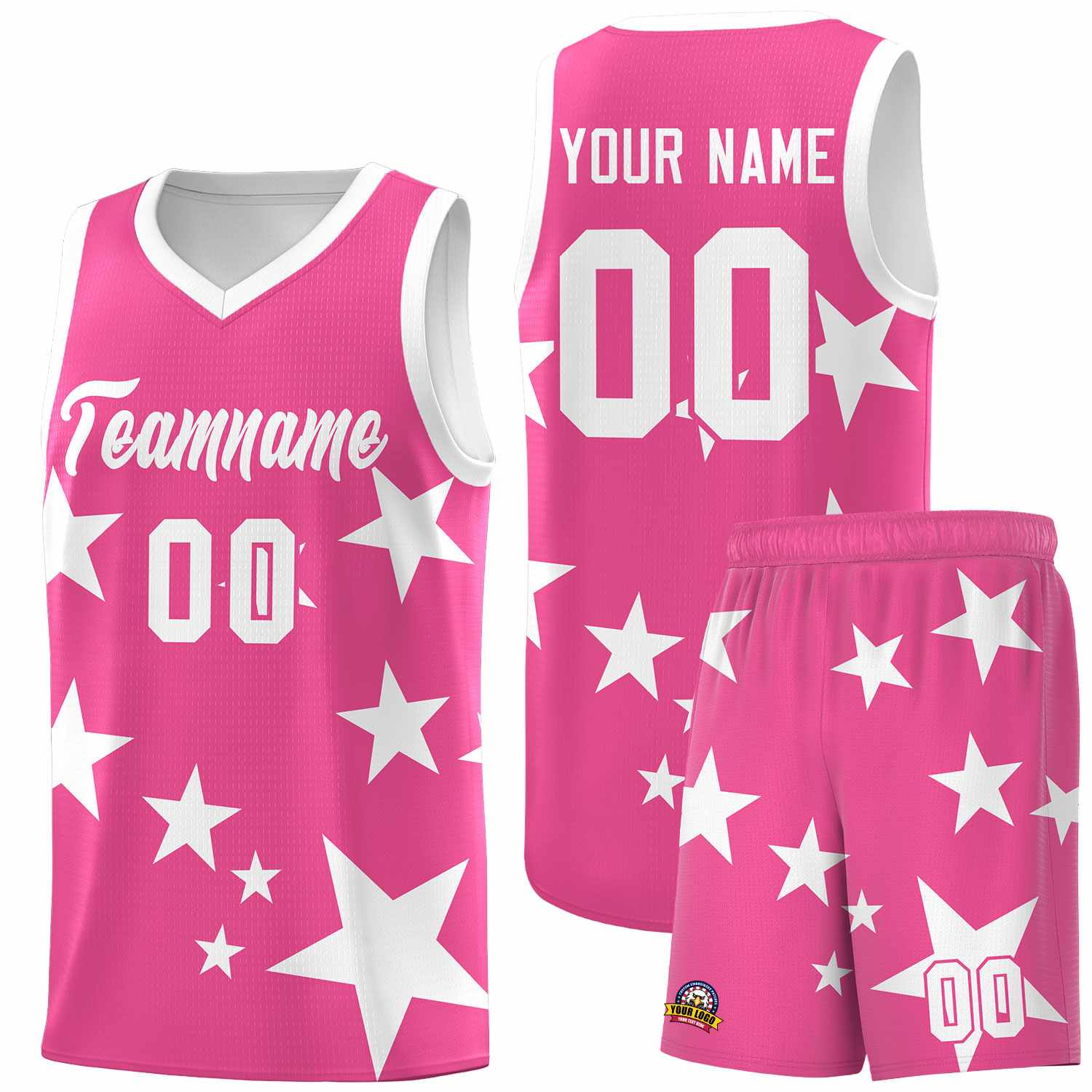 Custom Pink White Graffiti Pattern Star Print Basketball Jersey Sets