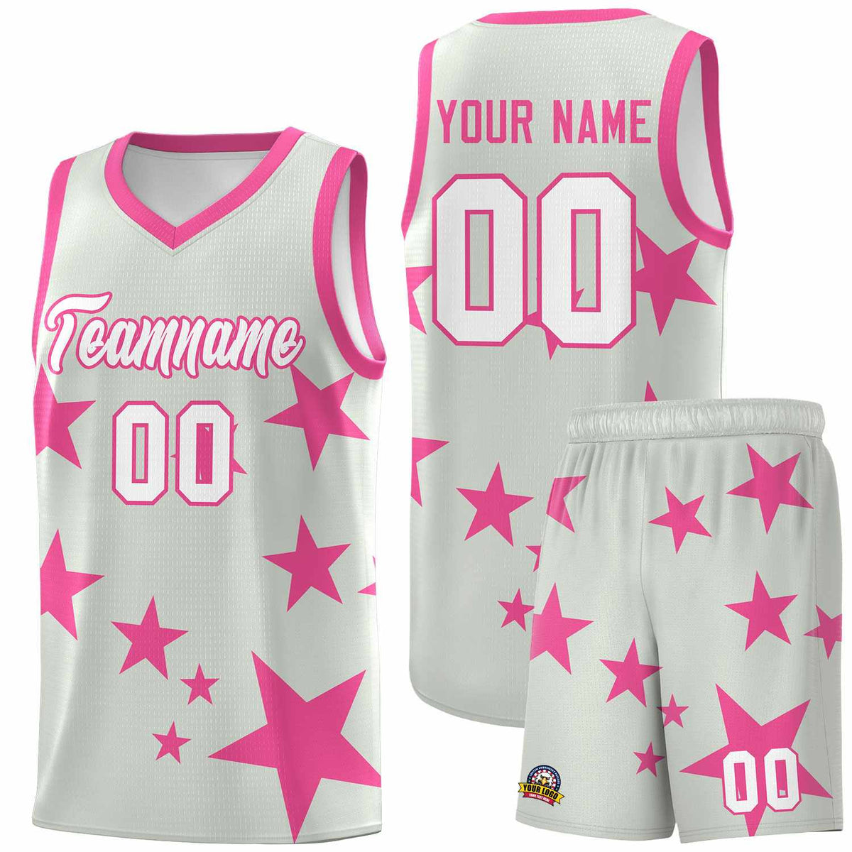 Custom Gray Pink Graffiti Pattern Star Print Basketball Jersey Sets