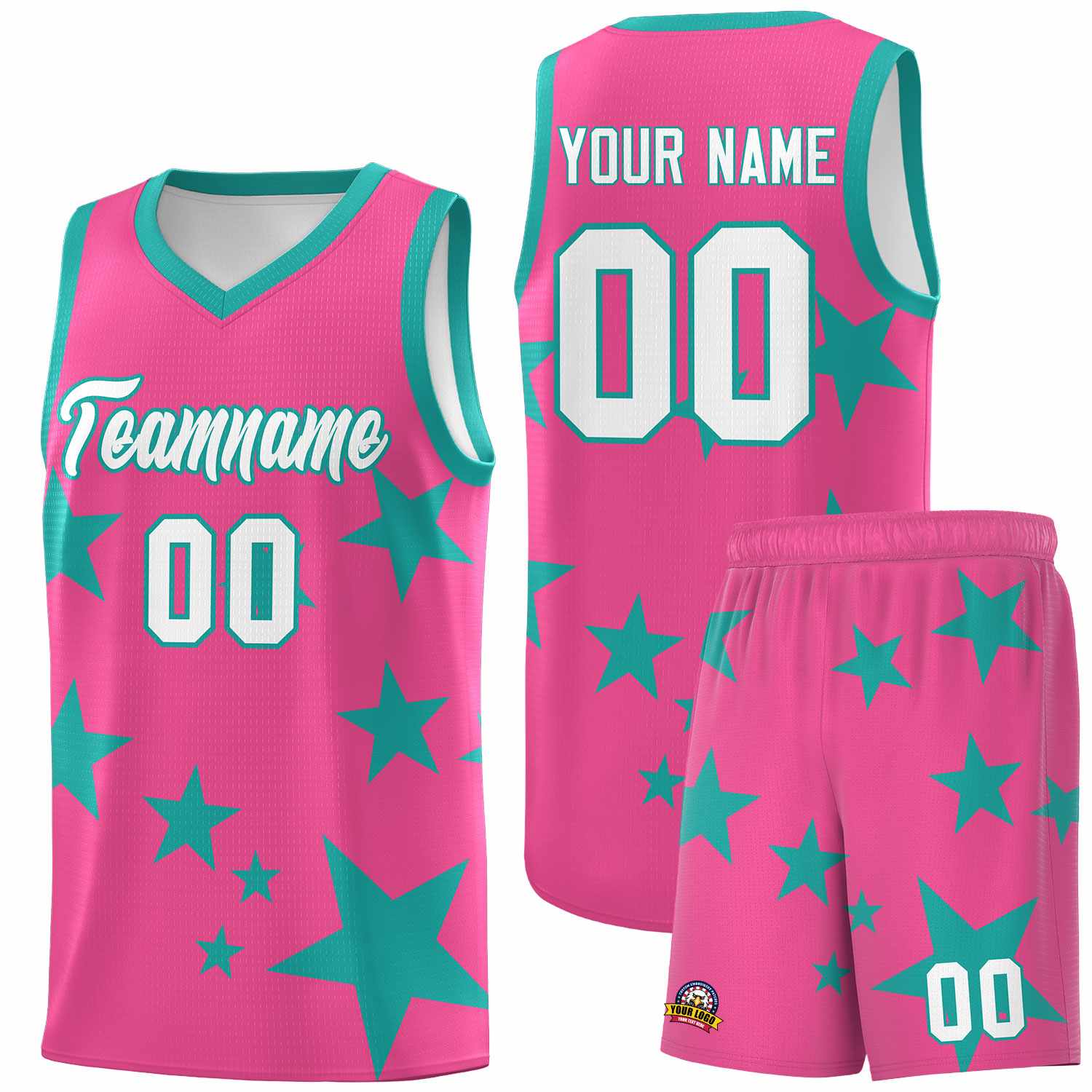 Custom Pink Aqua Graffiti Pattern Star Print Basketball Jersey Sets