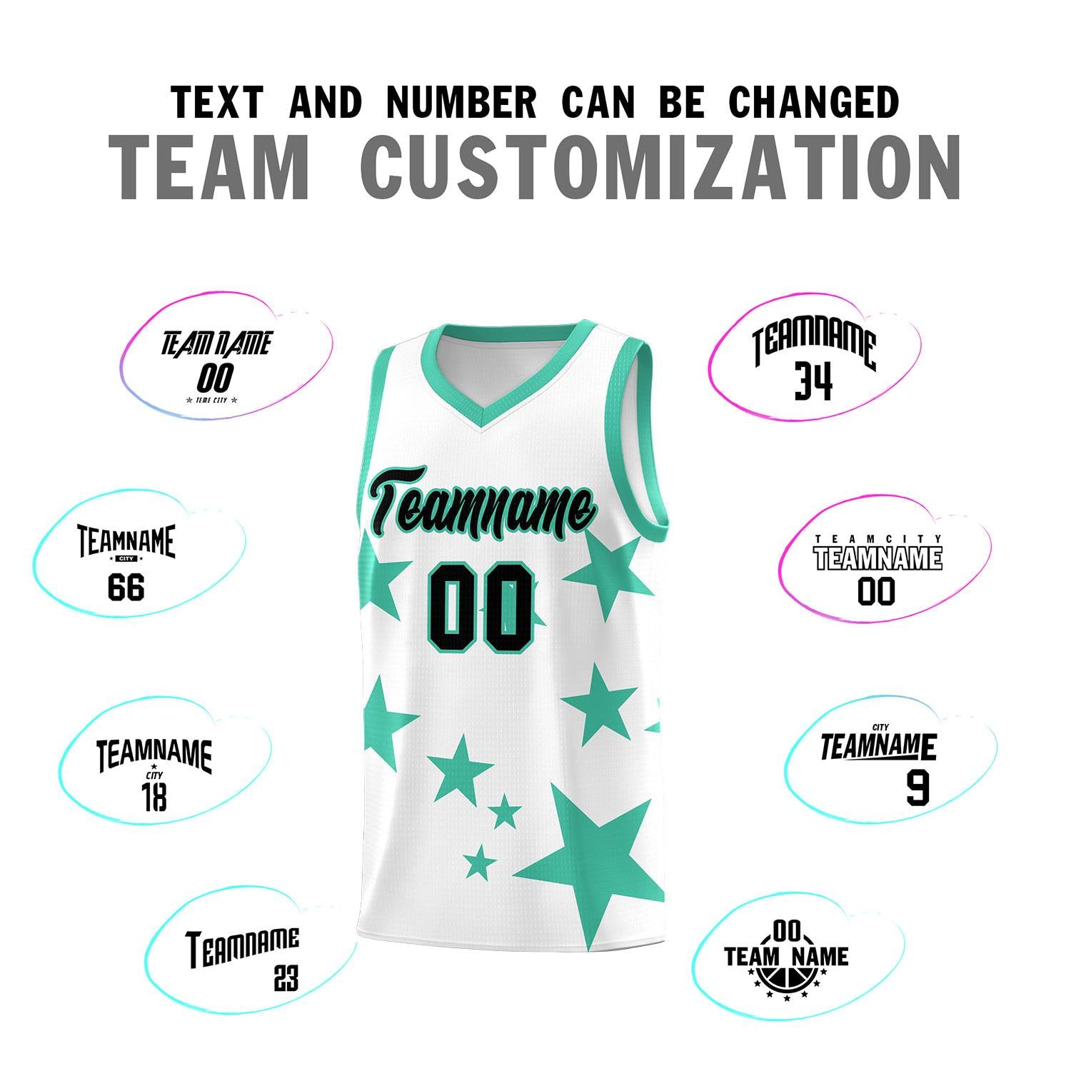 Custom White Bright Green Graffiti Pattern Star Print Basketball Jersey Sets