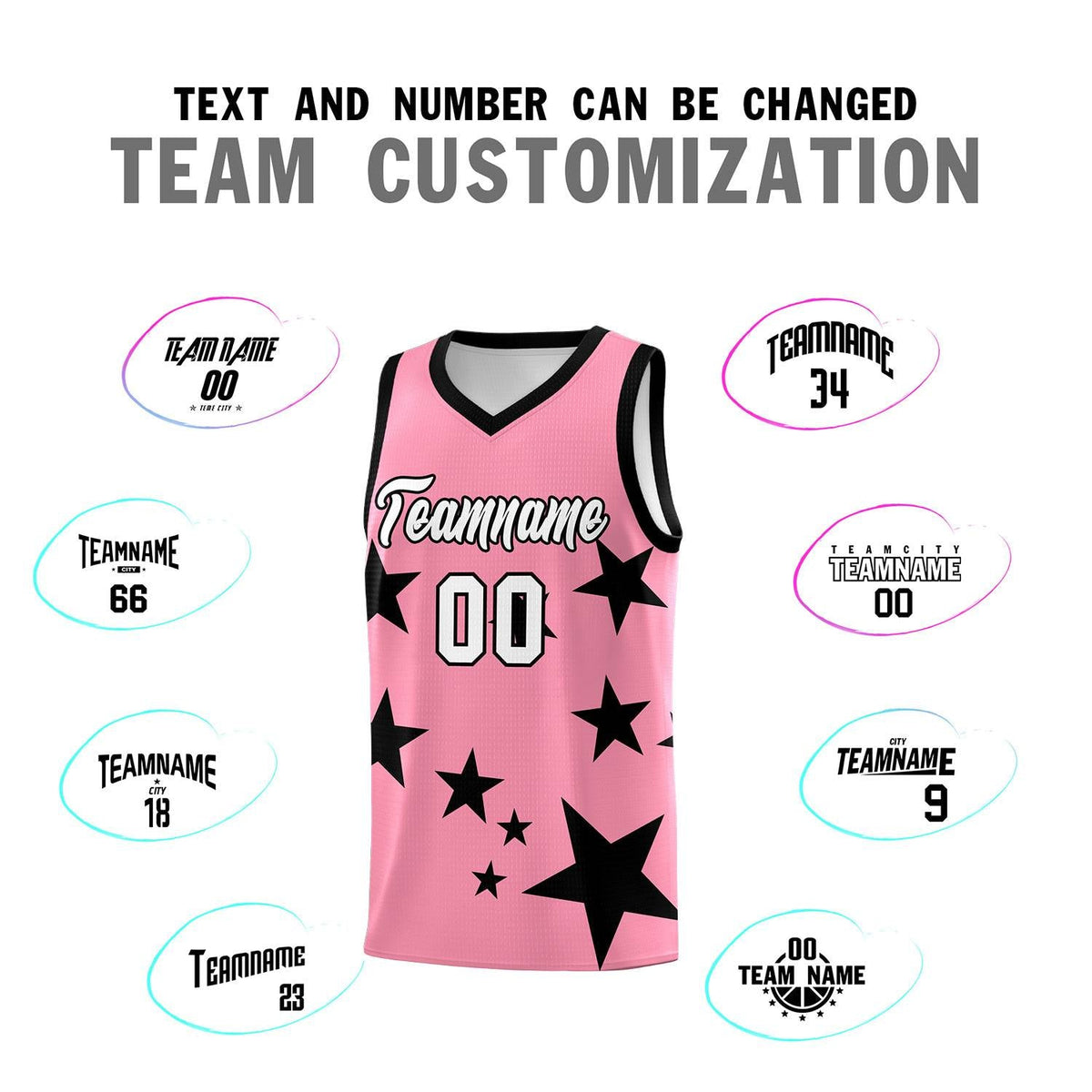 Custom Light Pink Black Graffiti Pattern Star Print Basketball Jersey Sets