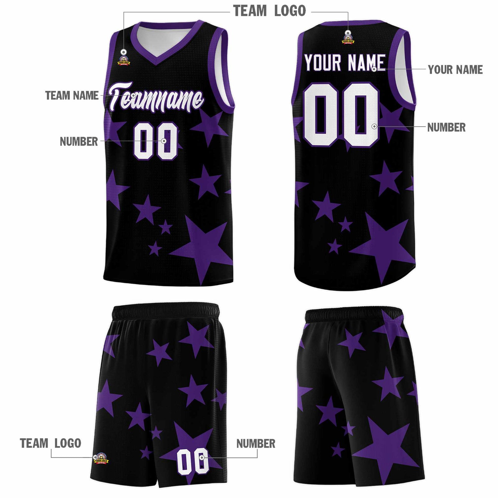 Custom Black Purple Graffiti Pattern Star Print Basketball Jersey Sets