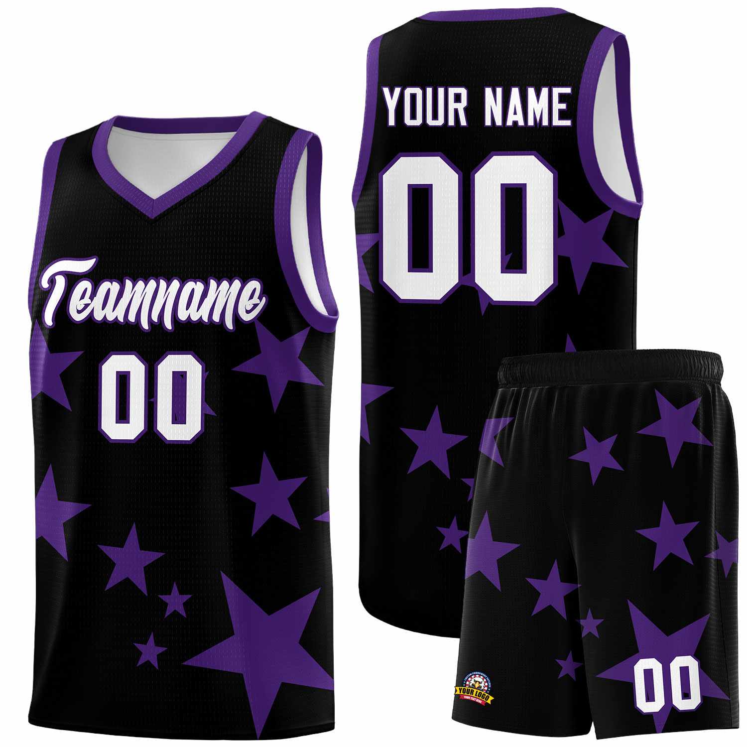 Custom Black Purple Graffiti Pattern Star Print Basketball Jersey Sets