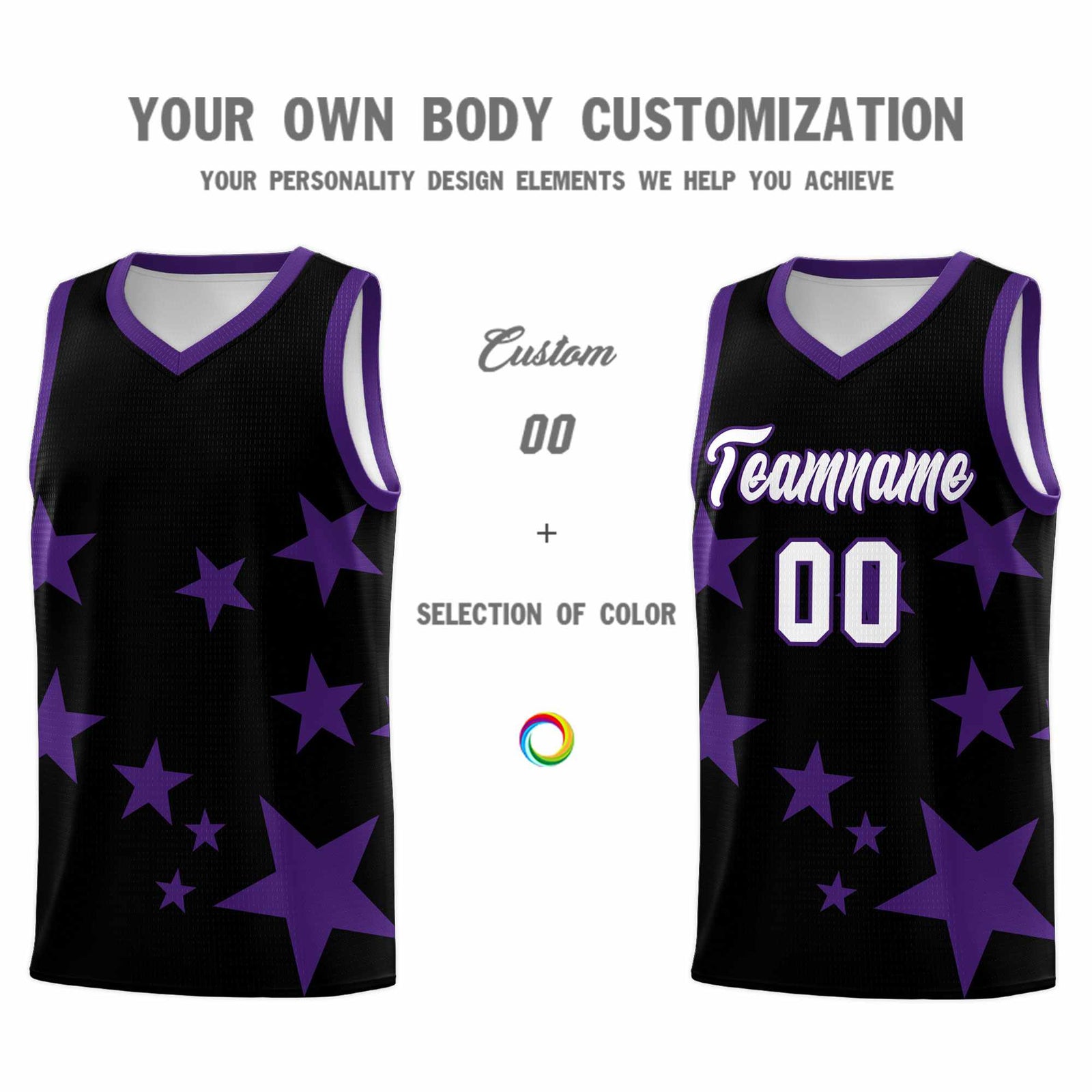Custom Black Purple Graffiti Pattern Star Print Basketball Jersey Sets