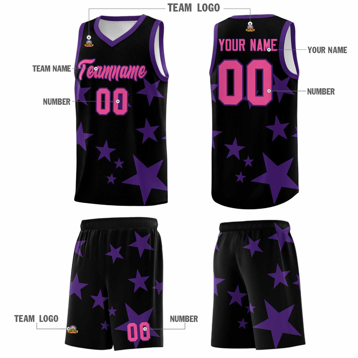 Custom Black Purple Graffiti Pattern Star Print Basketball Jersey Sets