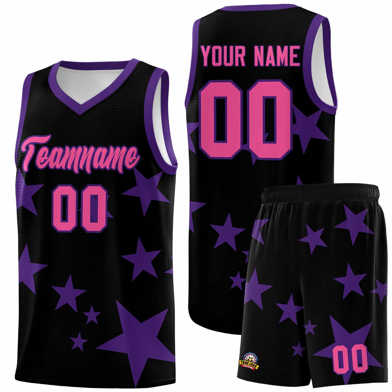 Custom Black Purple Graffiti Pattern Star Print Basketball Jersey Sets