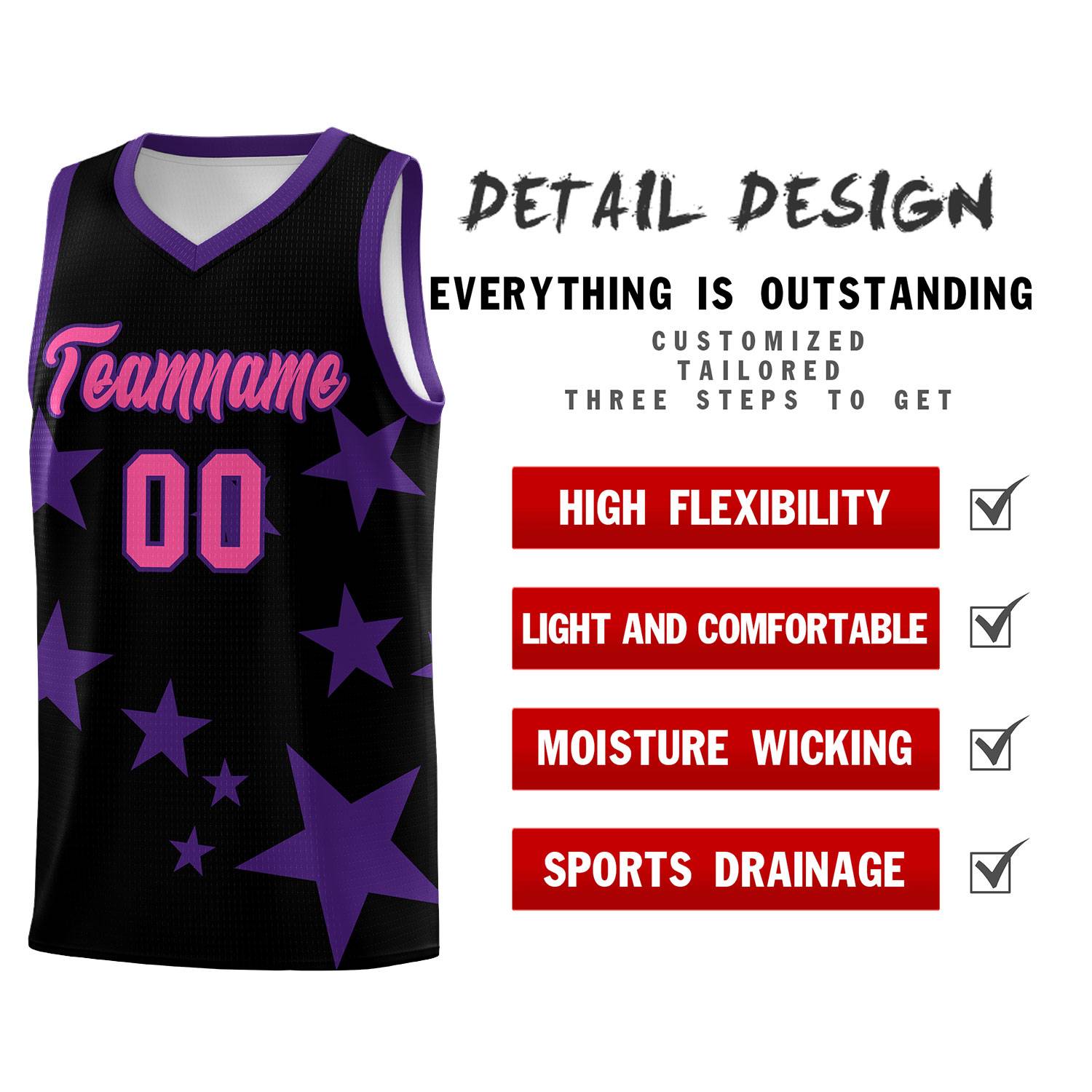 Custom Black Purple Graffiti Pattern Star Print Basketball Jersey Sets