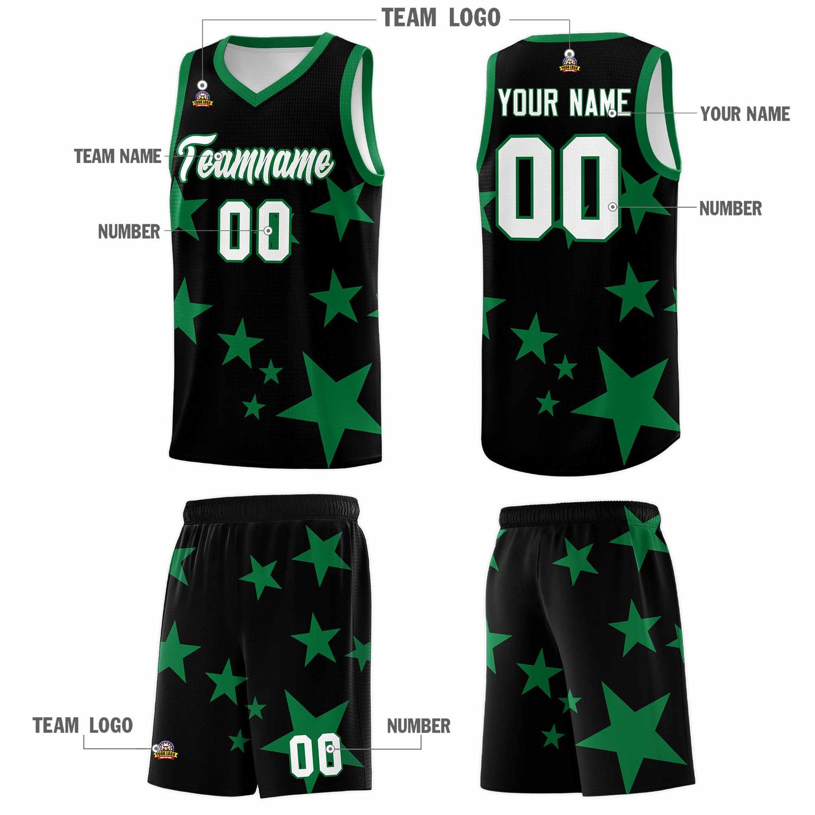 Custom Black Kelly Green Graffiti Pattern Star Print Basketball Jersey Sets