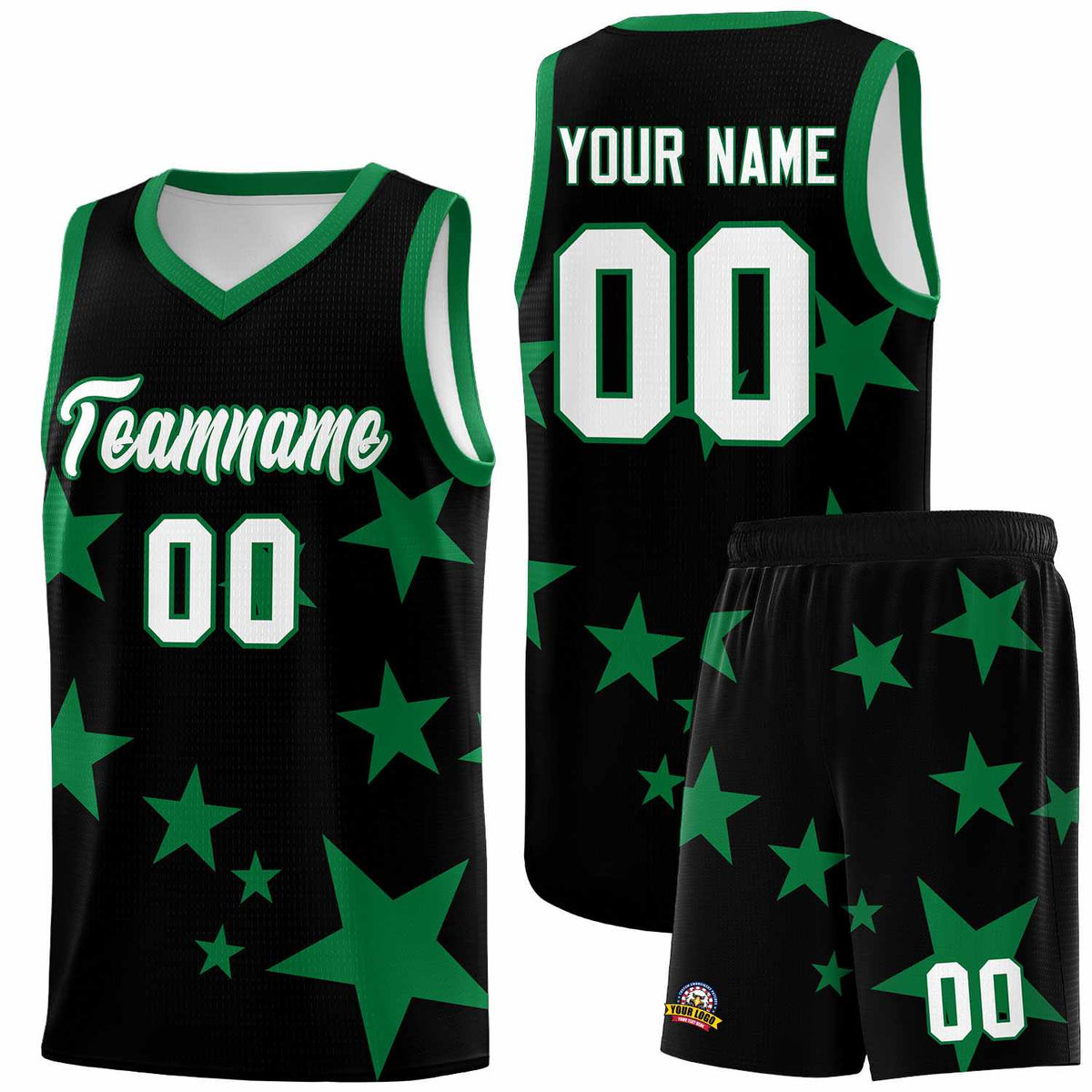 Custom Black Kelly Green Graffiti Pattern Star Print Basketball Jersey Sets