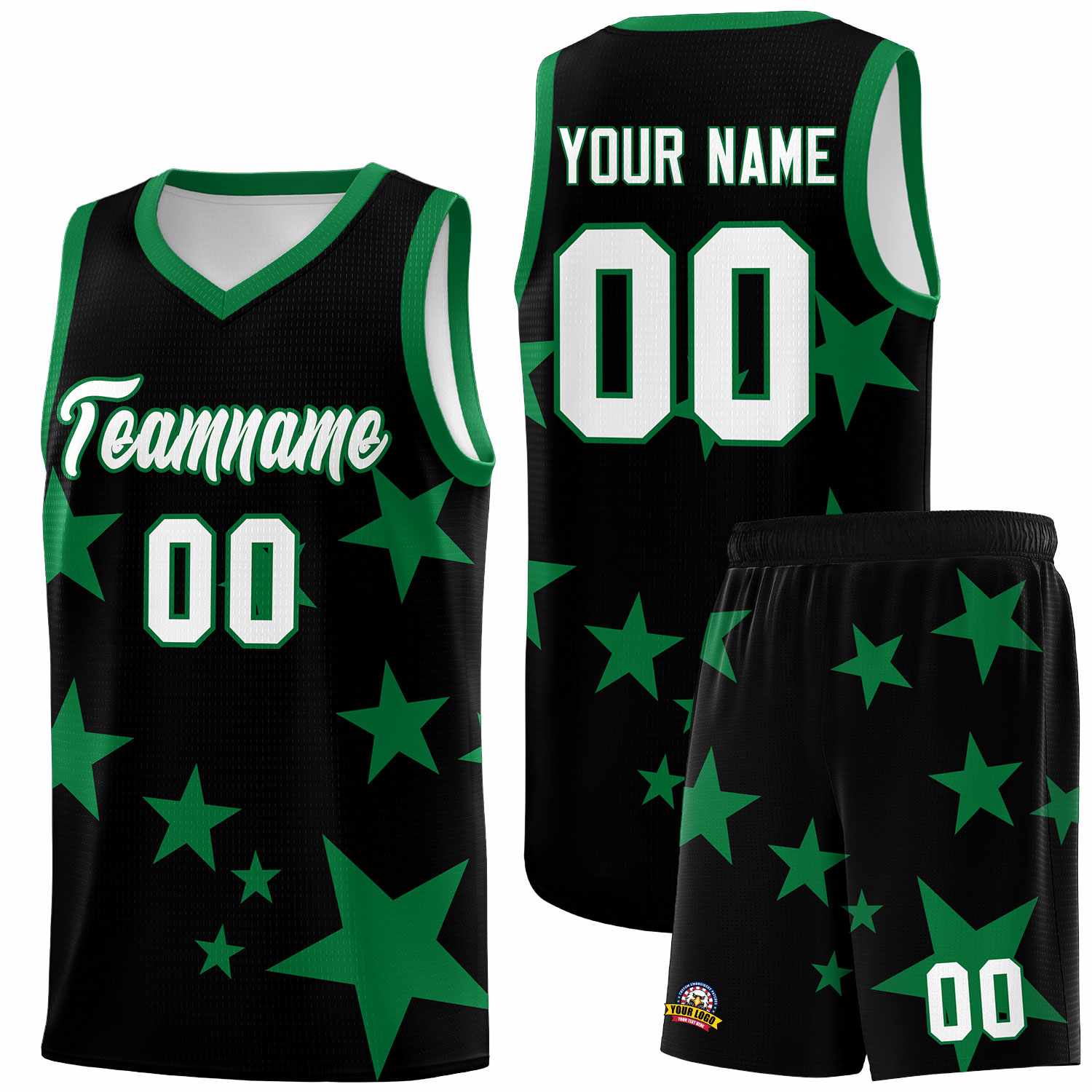 Custom Black Kelly Green Graffiti Pattern Star Print Basketball Jersey Sets