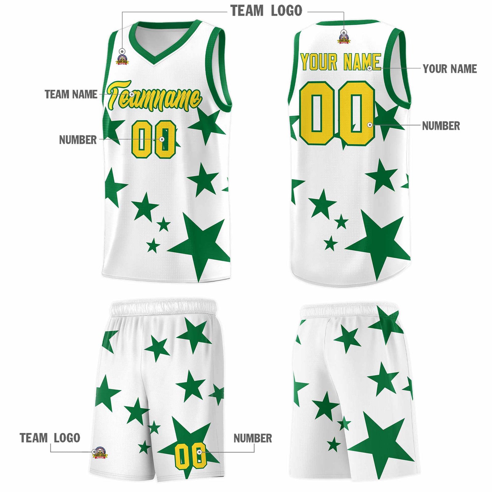 Custom White Kelly Green Graffiti Pattern Star Print Basketball Jersey Sets