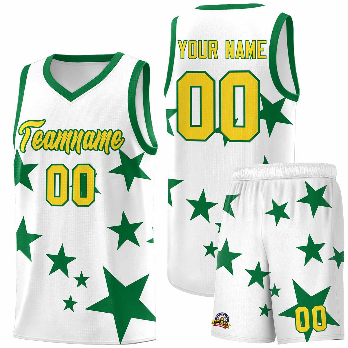 Custom White Kelly Green Graffiti Pattern Star Print Basketball Jersey Sets