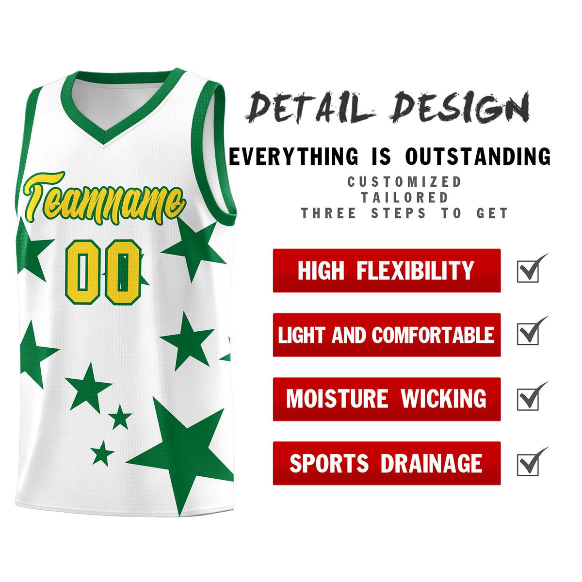 Custom White Kelly Green Graffiti Pattern Star Print Basketball Jersey Sets